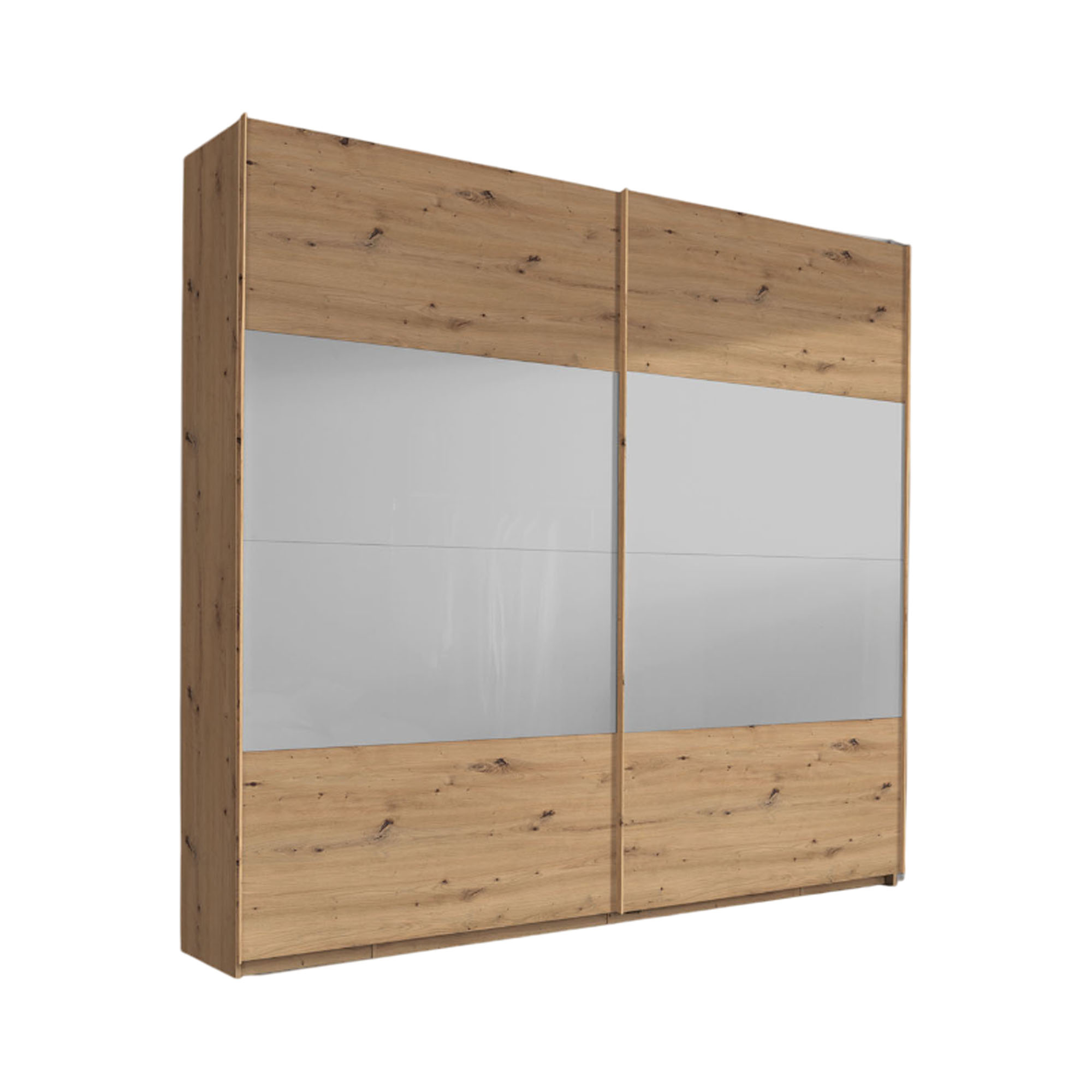 Schwebetürenschrank in Eiche Artisan mit Front in Seidengrau, in Schrägansicht dargestellt.