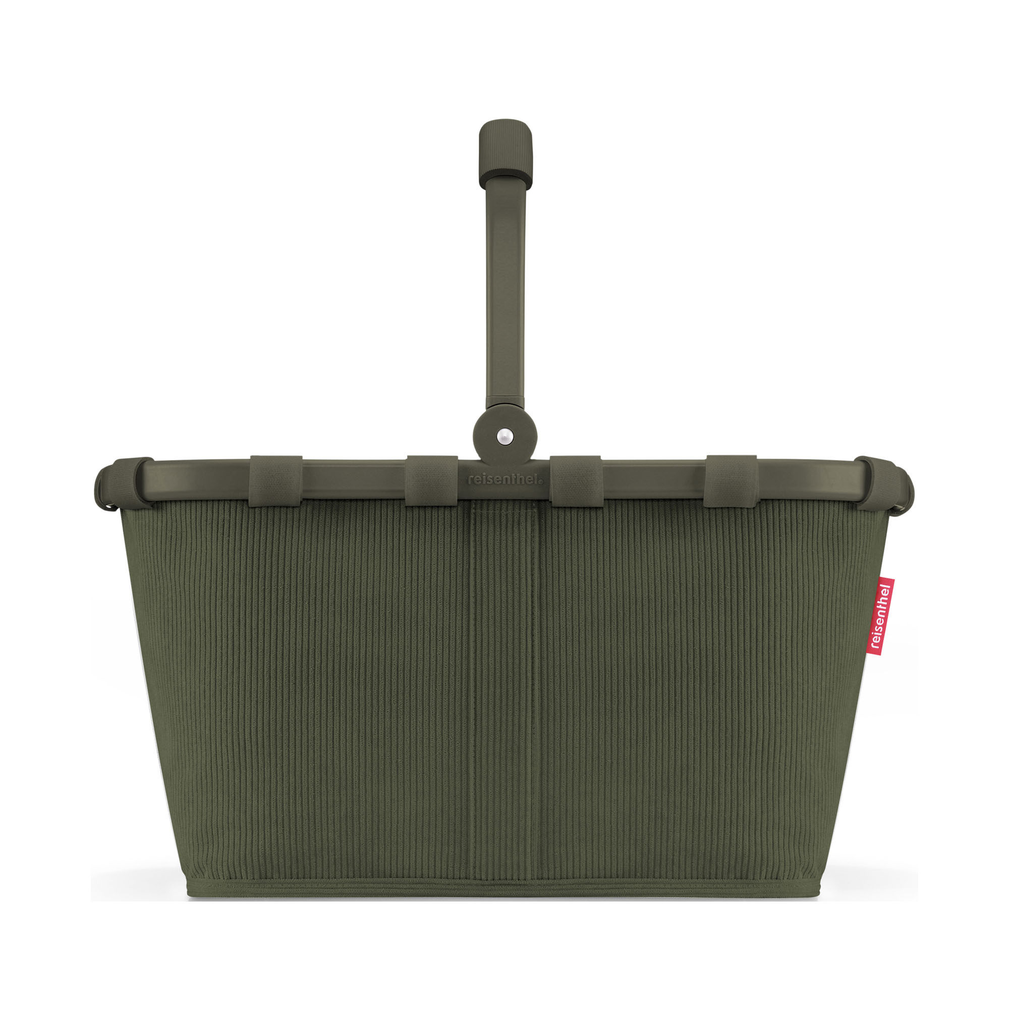 Einkaufskorb von Reisenthel, Modell Carrybag, in Dunkelgrün aus geripptem Cord, von hinten mit hochgestelltem Griff.