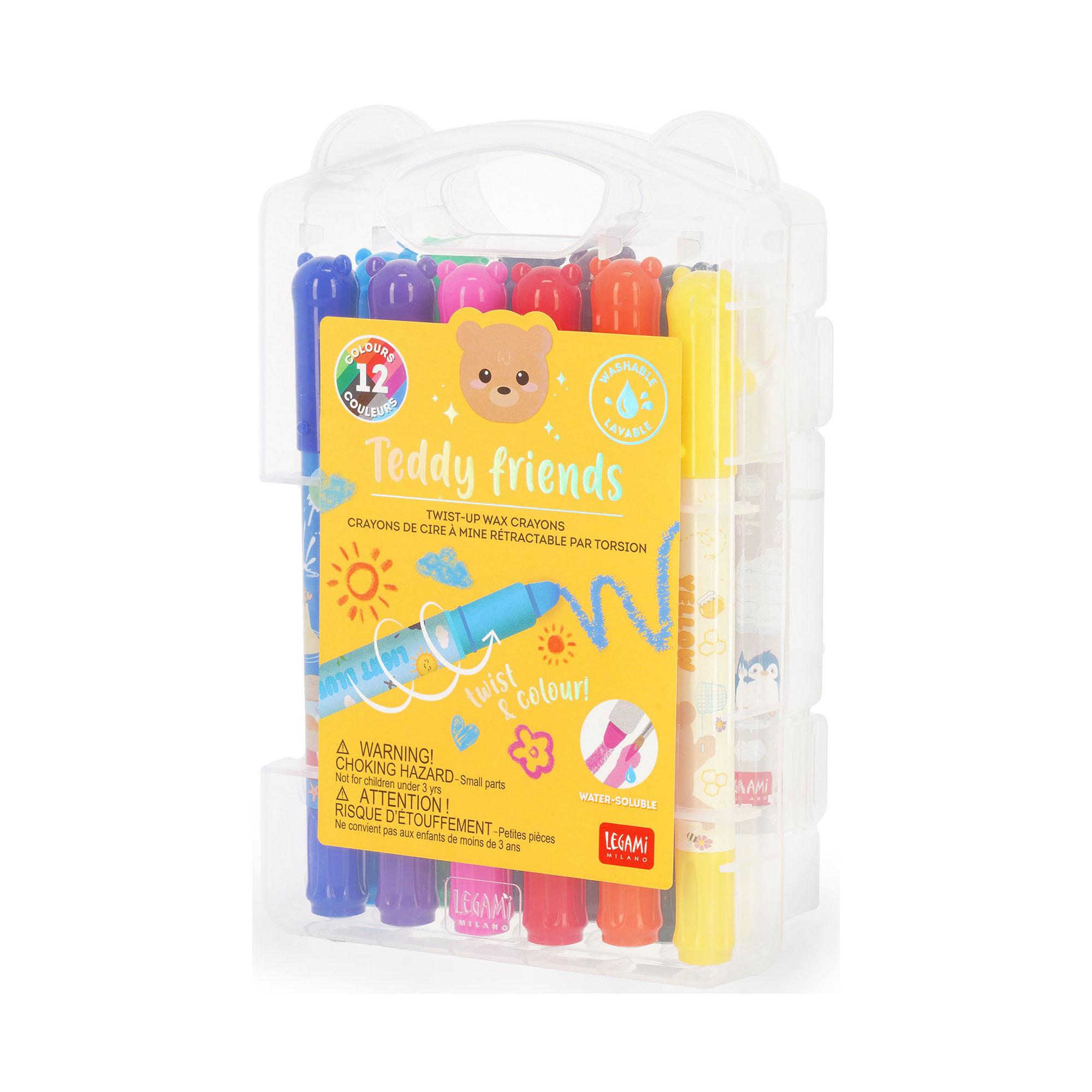 Zwölf Wachsmalstifte mit Tiermotiven, als Zwölfer-Set in einer transparenten Kunststoffbox gezeigt.