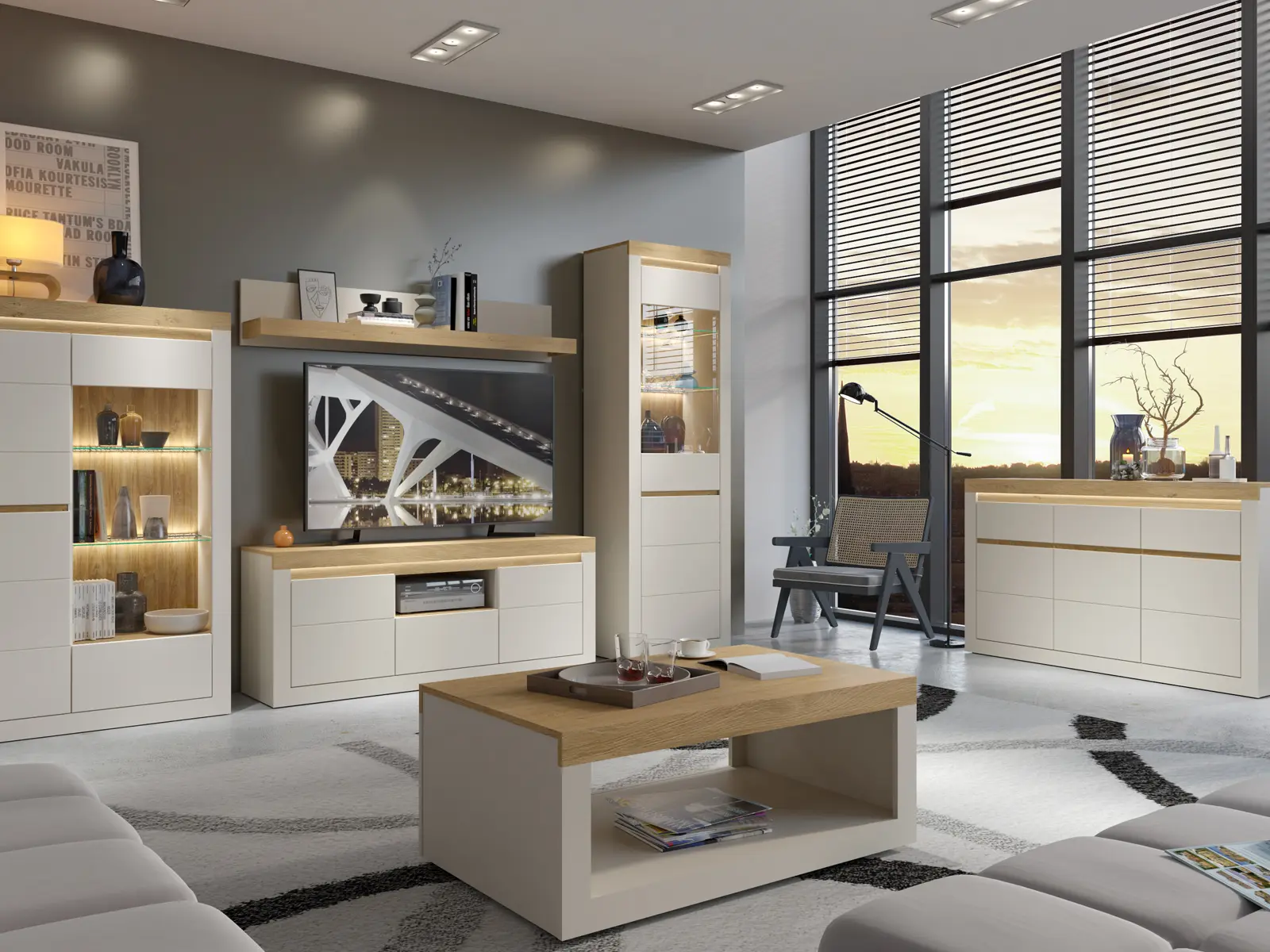 Modern eingerichtetes Wohnzimmer mit Wohnwand in Weiß und Eicheoptik bestehend aus TV-Lowboard, Vitrine, Sideboard, Wandregal und Couchtisch mit LED-Beleuchtung1
