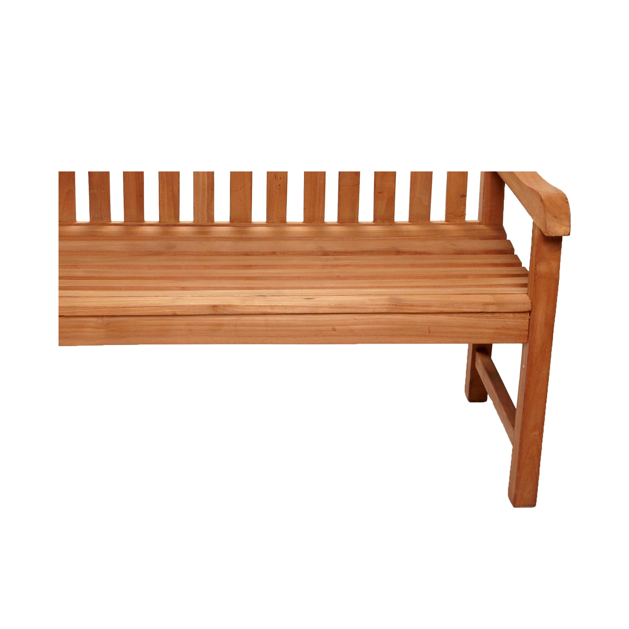 Seitenansicht einer Holzbank mit Sitzfläche Rückenlehne und Armlehne