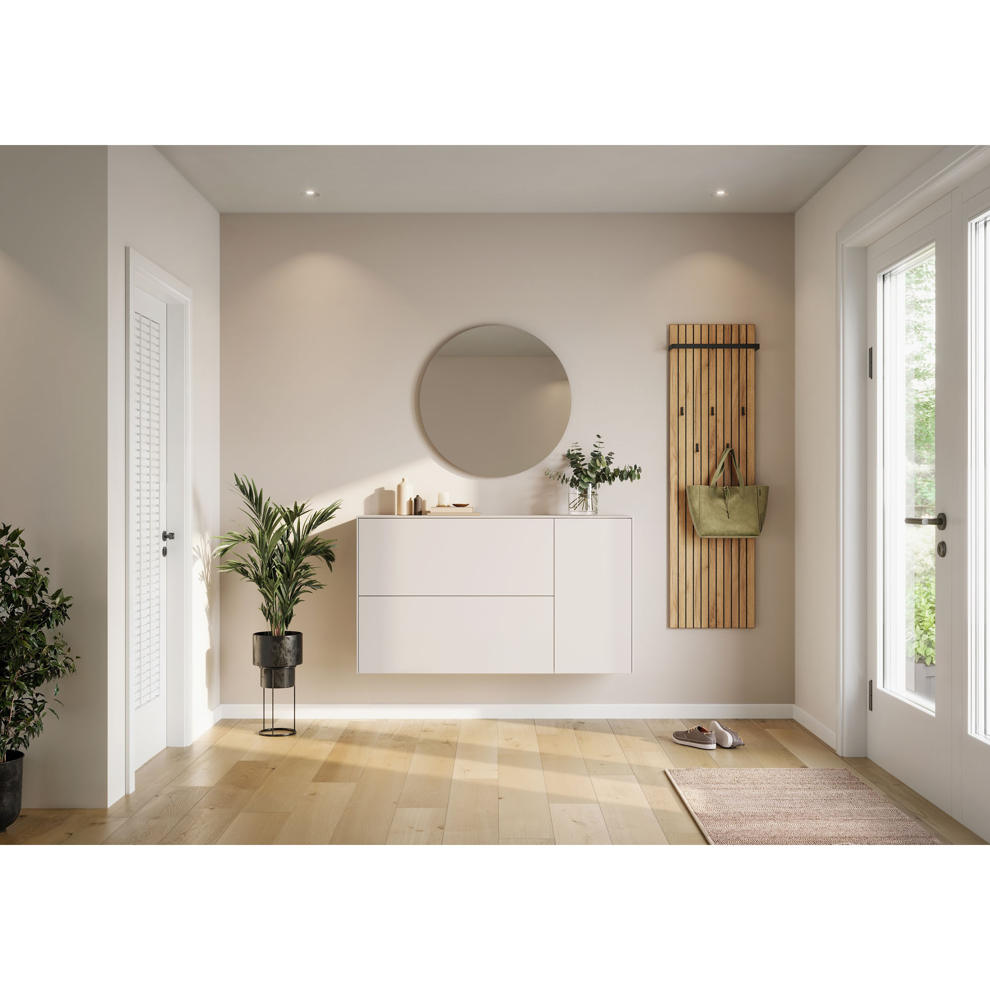 Wandgarderobe aus Holz in modernem Flur mit Kommode und Spiegel.
