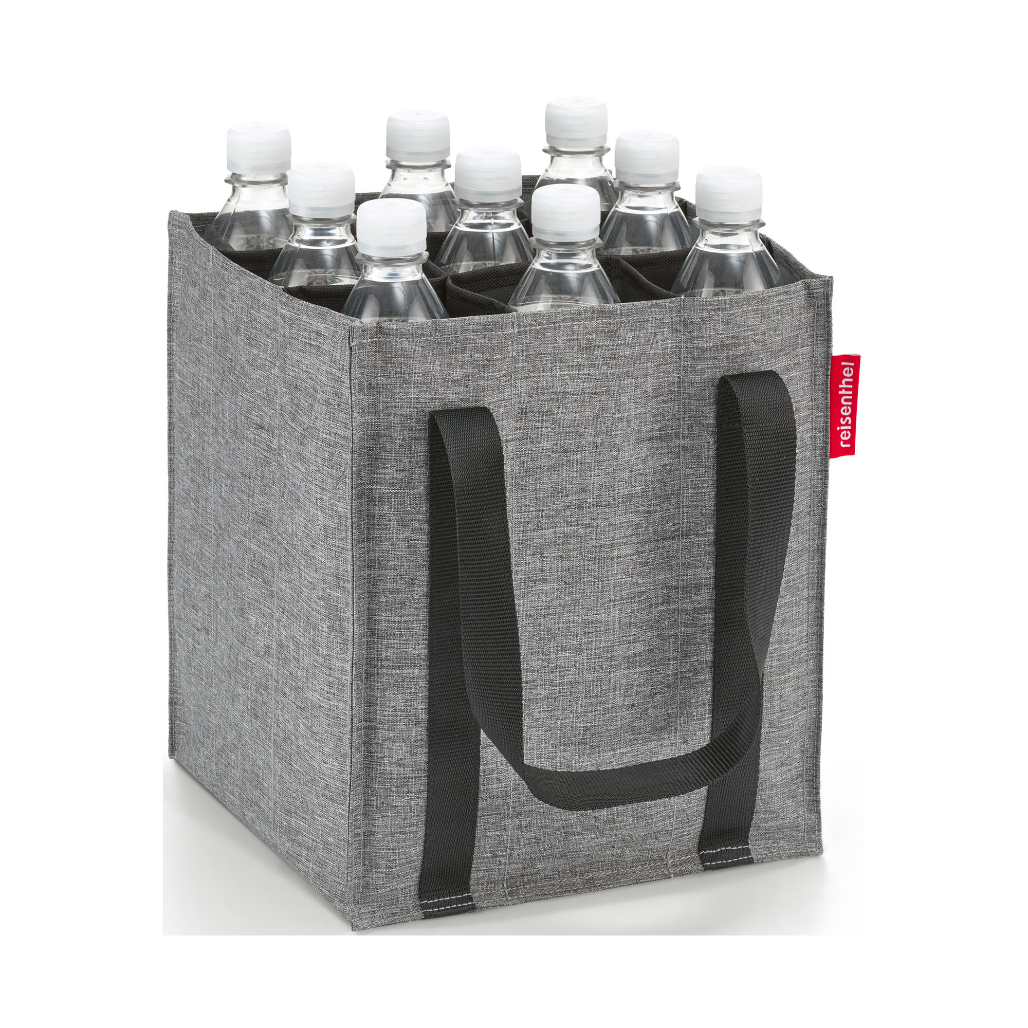 Flaschentasche von Reisenthel, Modell Bottlebag, in Silbergrau mit melierter Struktur, schräg von vorn mit mehreren eingesetzten Getränkeflaschen.