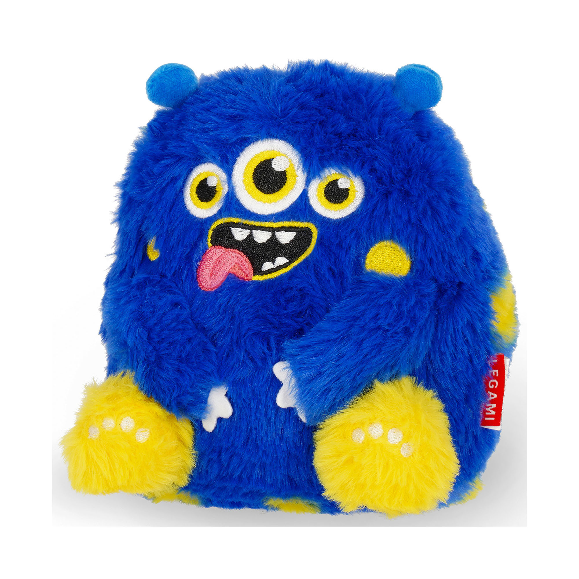 Blaues Monster-Plüschtier, leicht seitlich auf weißem Hintergrund gezeigt.