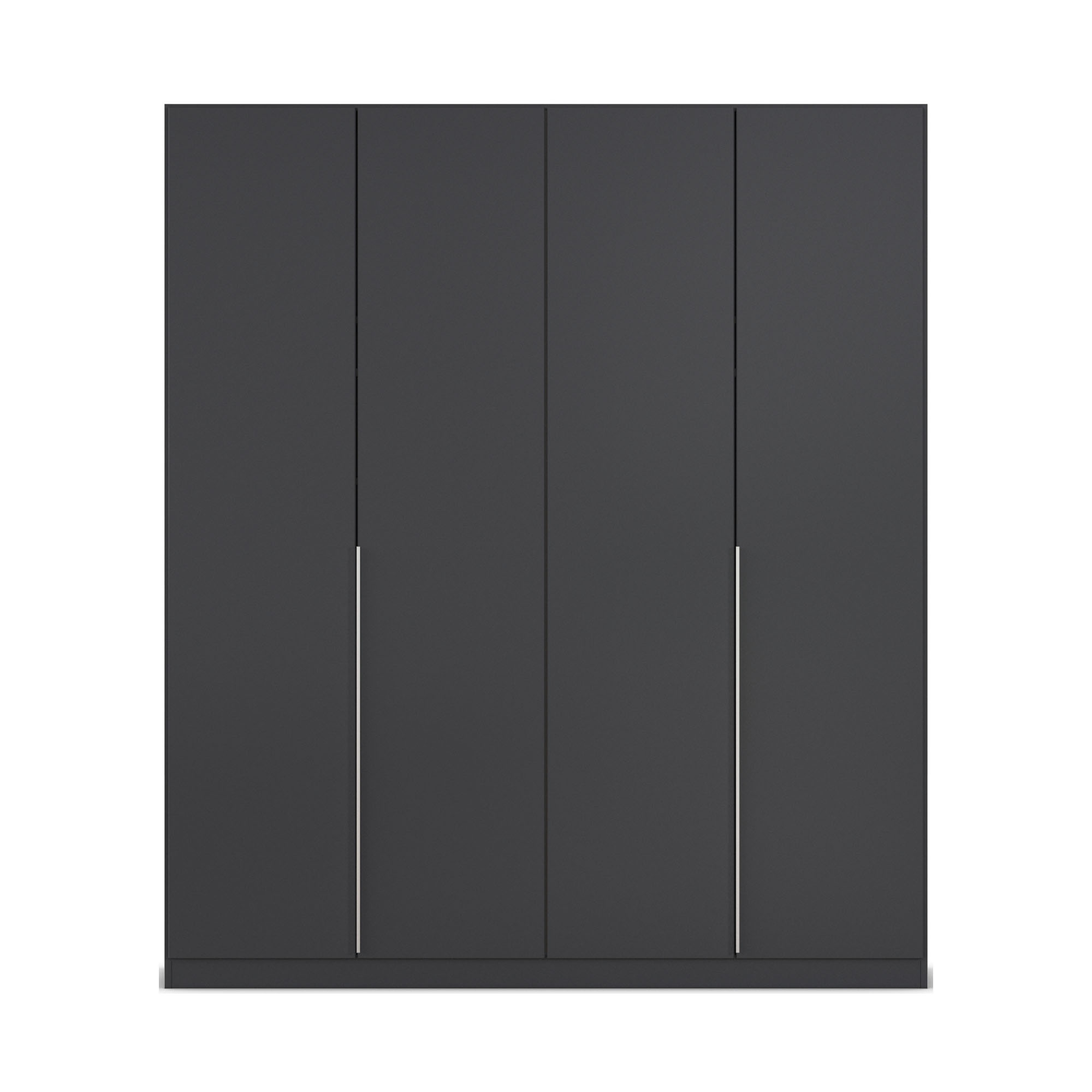 Frontansicht eines grau-metallicen Kleiderschranks mit vier Türen und geradlinigem, minimalistischem Design