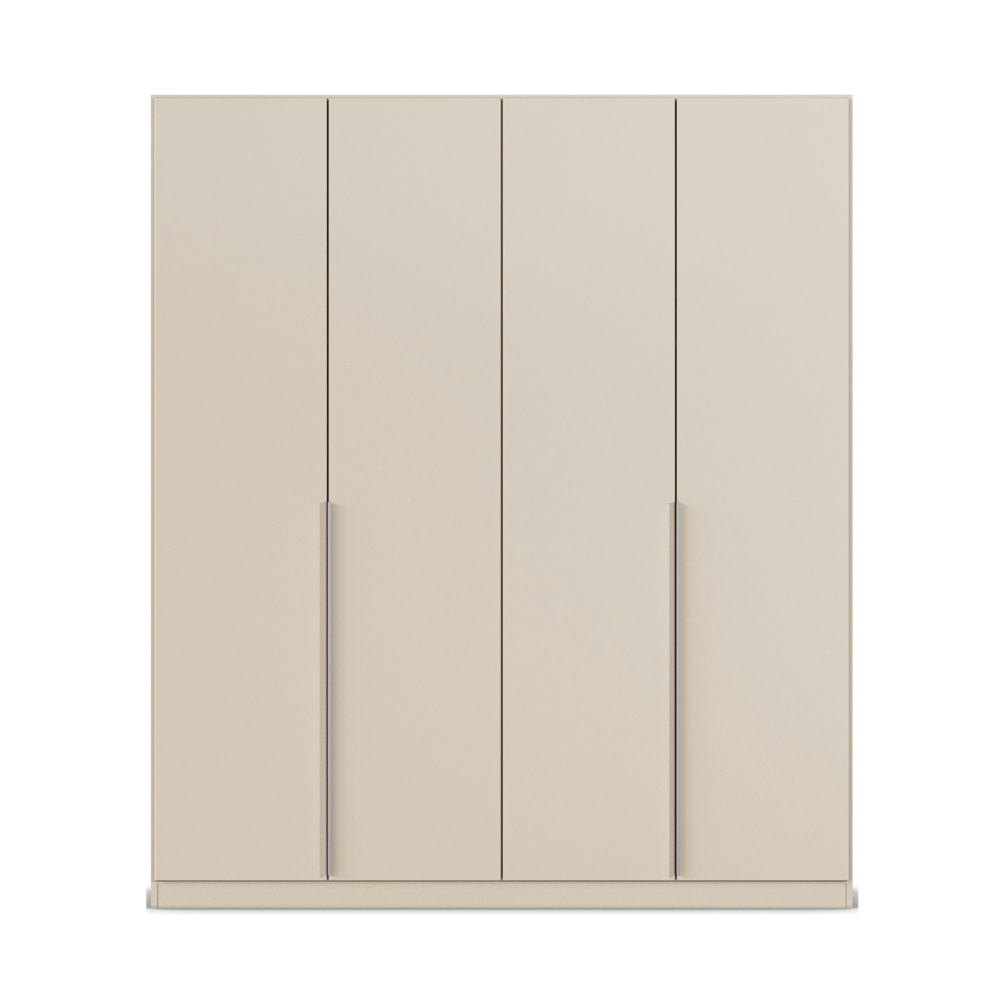 Frontansicht eines chammpagnerfarbenen Kleiderschranks mit vier Türen und geradlinigem, minimalistischem Design