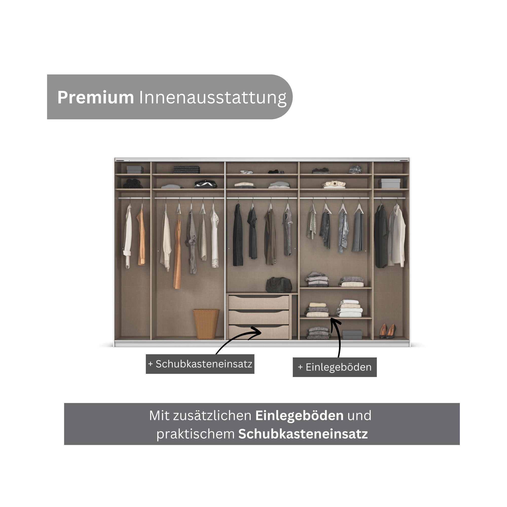 Innenansicht eines Kleiderschranks mit Kleiderstangen, Einlegeböden und Schubkasteneinsatz hinter Glas-Schiebetüren