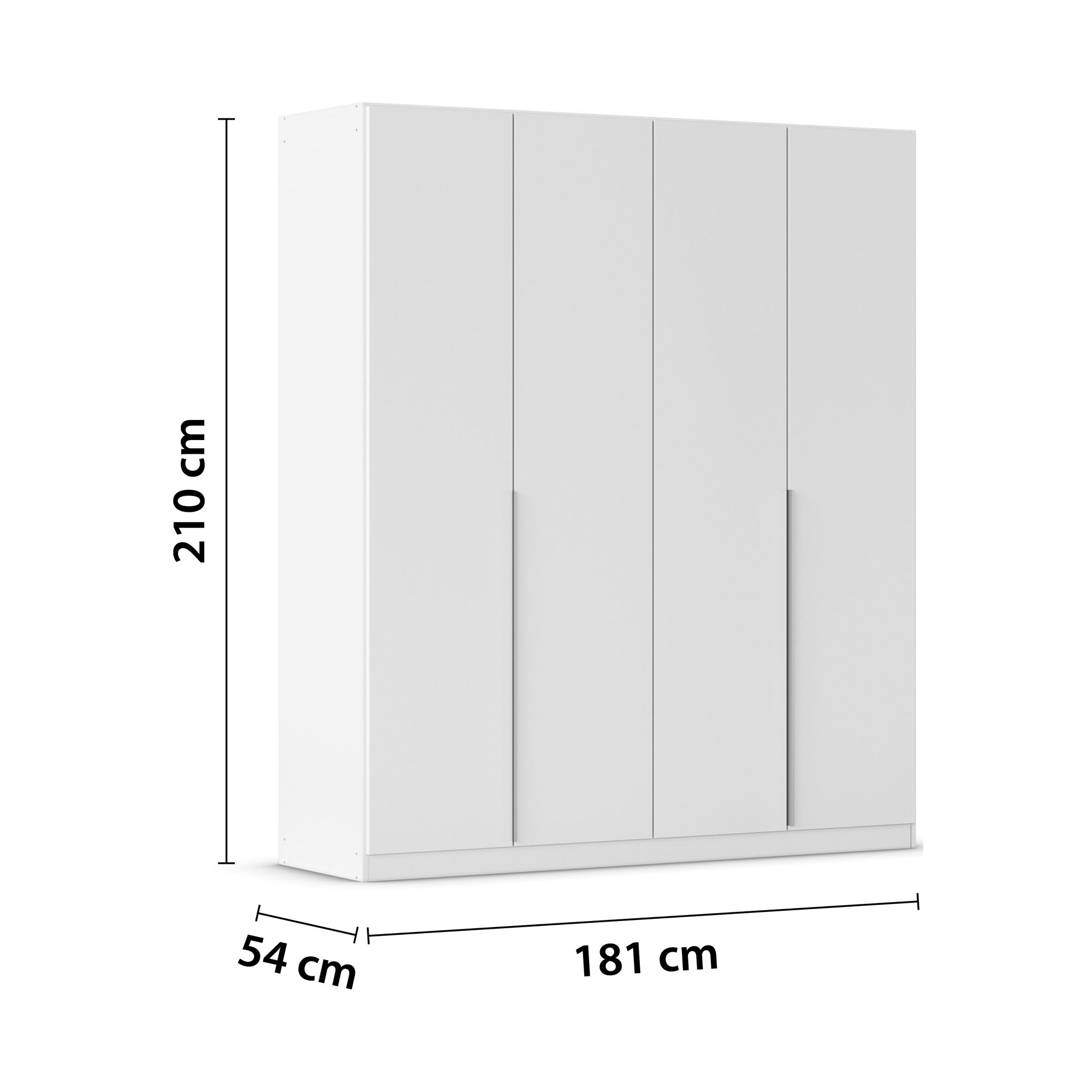 Weißer Kleiderschrank mit vier Türen und eingezeichneten Maßen von 210 cm Höhe, 181 cm Breite und 54 cm Tiefe