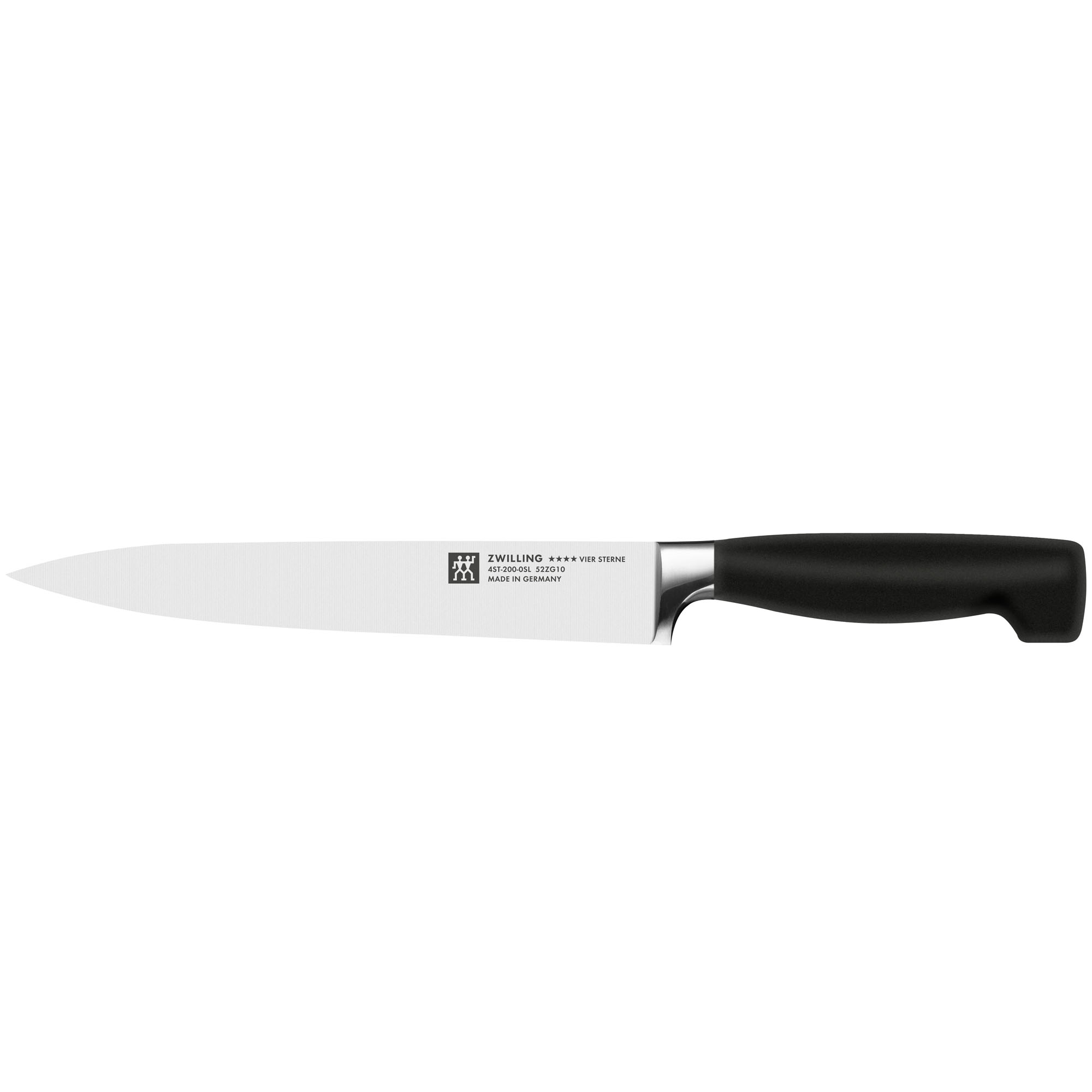 Fleischmesser mit glatter Klinge und Griff, Serie Vier Sterne von ZWILLING, Klingenlänge 200 mm, freigestellt auf weißem Hintergrund.