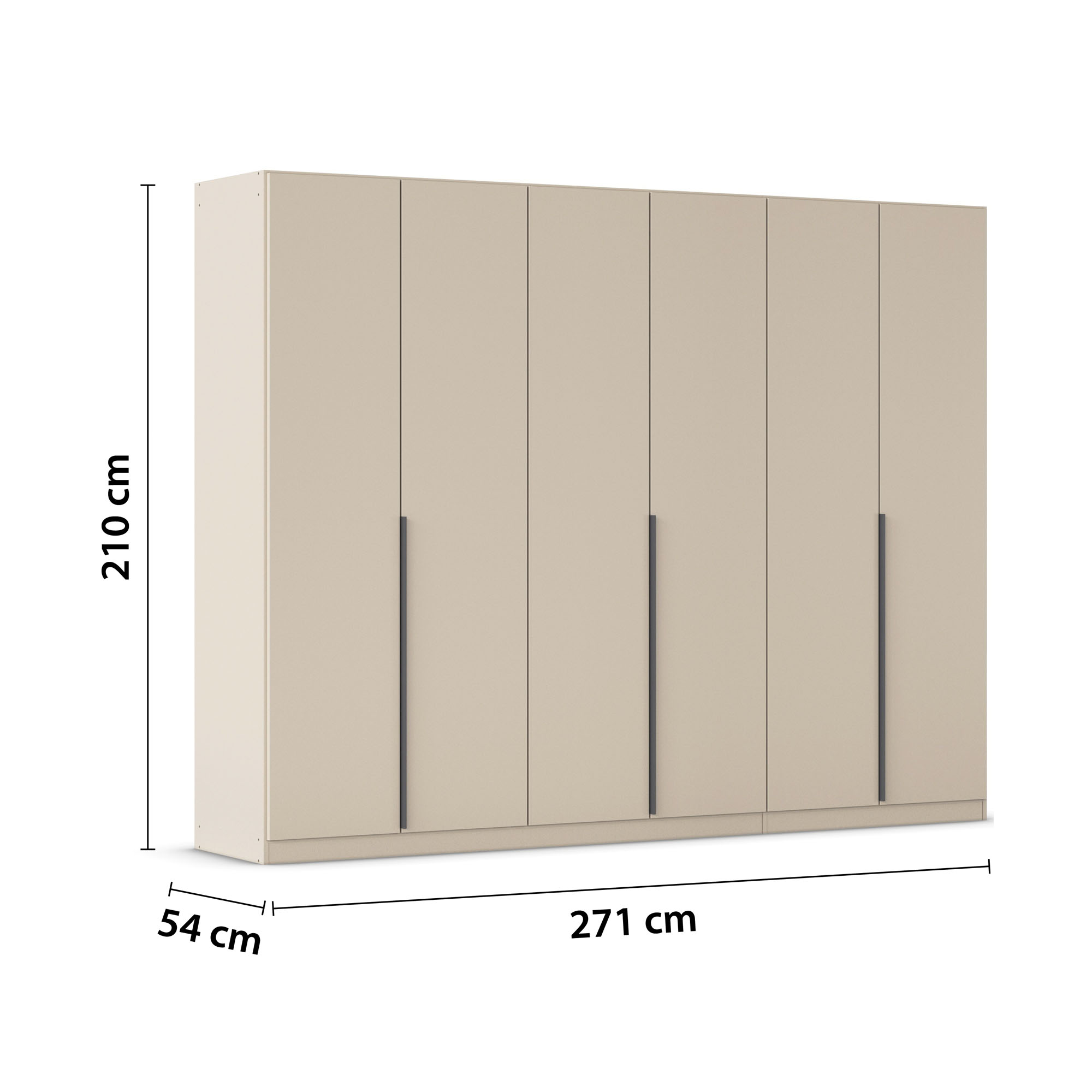 Champagnerfarbener 6-türiger Kleiderschrank mit Maßangaben Breite 271 cm, Höhe 210 cm und Tiefe 54 cm