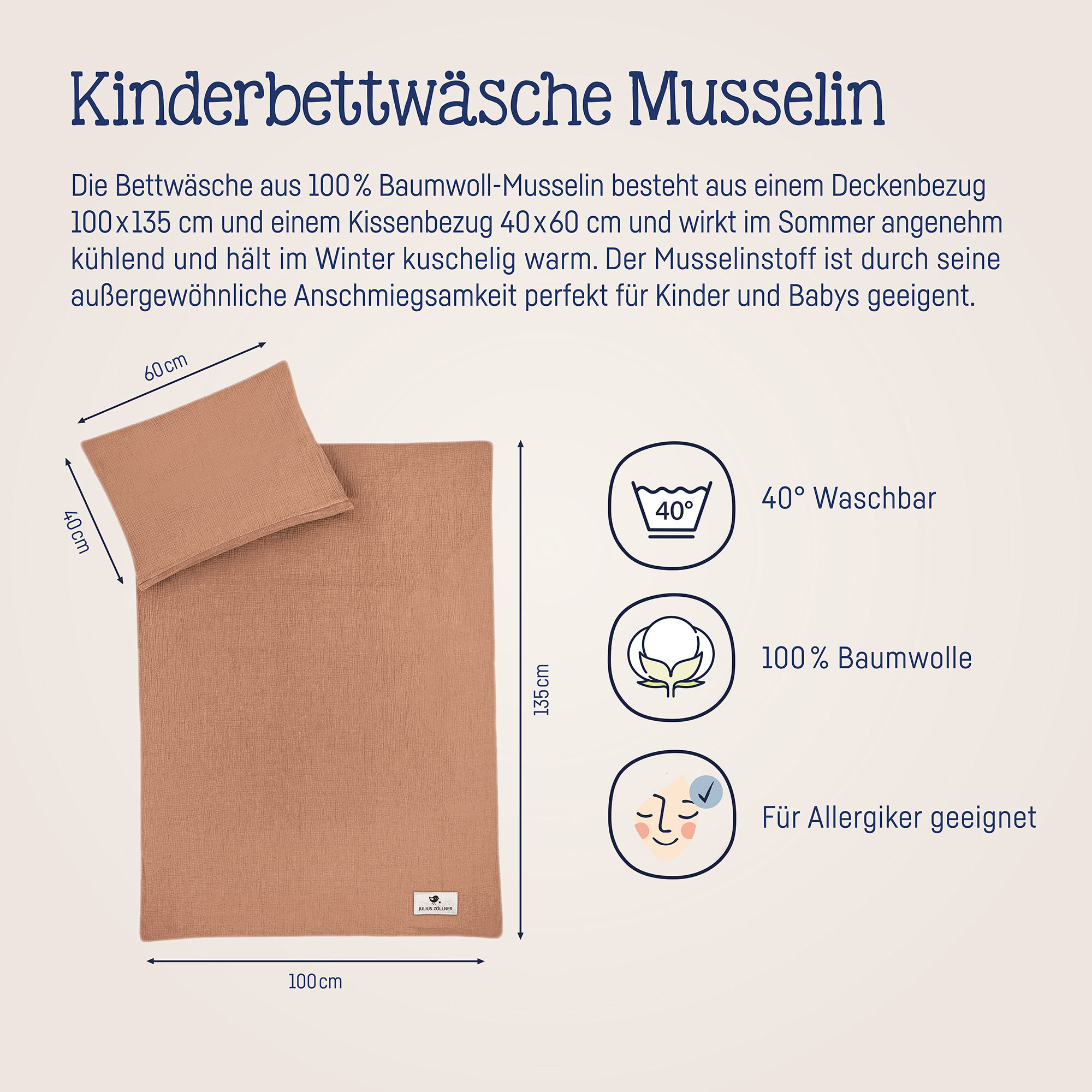 Grafik mit terrakottafarbener Kinderbettwäsche aus Musselin, Maßen und Symbolen zu Waschbarkeit, Material aus Baumwolle und Eignung für Allergiker
