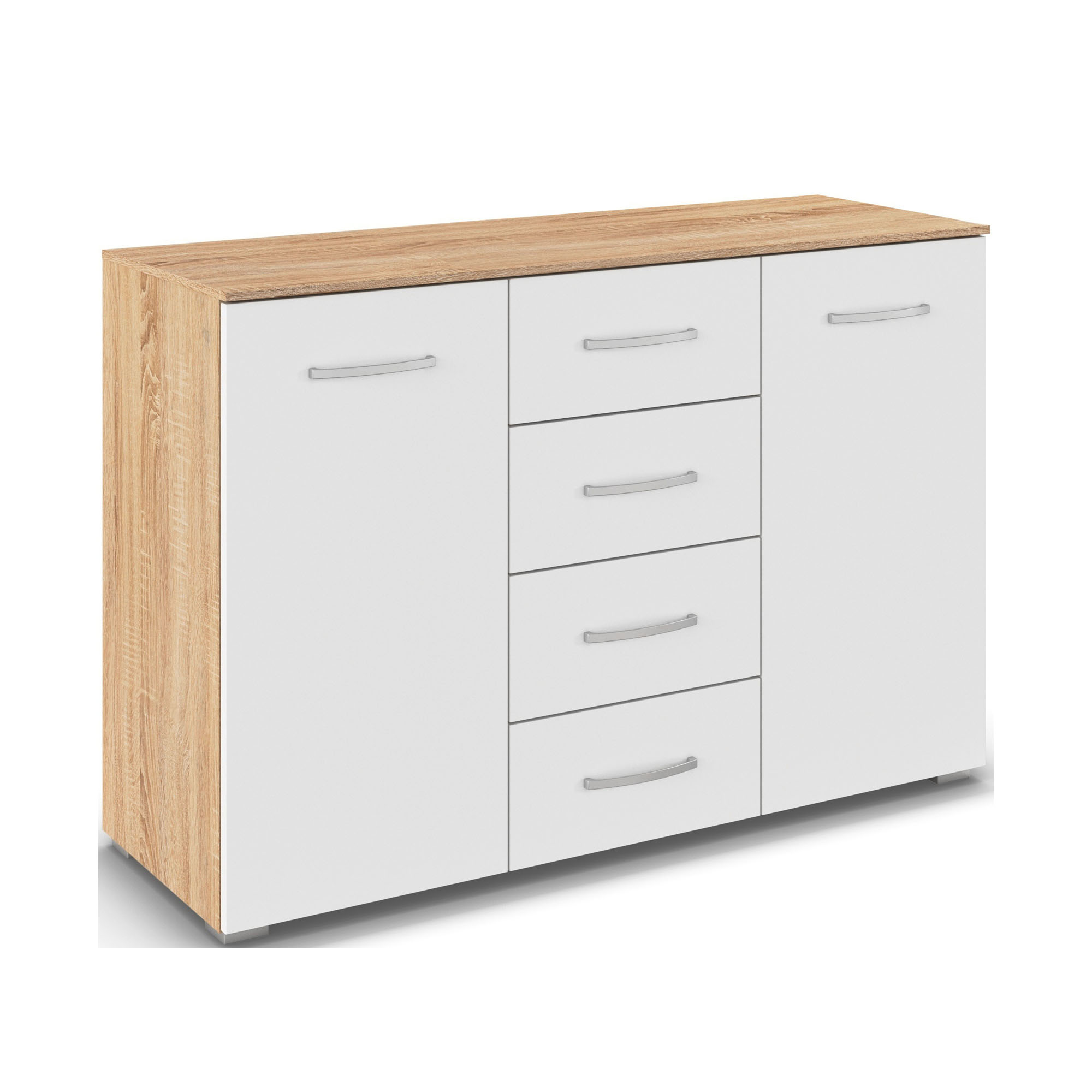 Modernes Sideboard in Weiß mit Eiche Optik Korpus zwei Türen und vier Schubladen mit silbernen Griffen