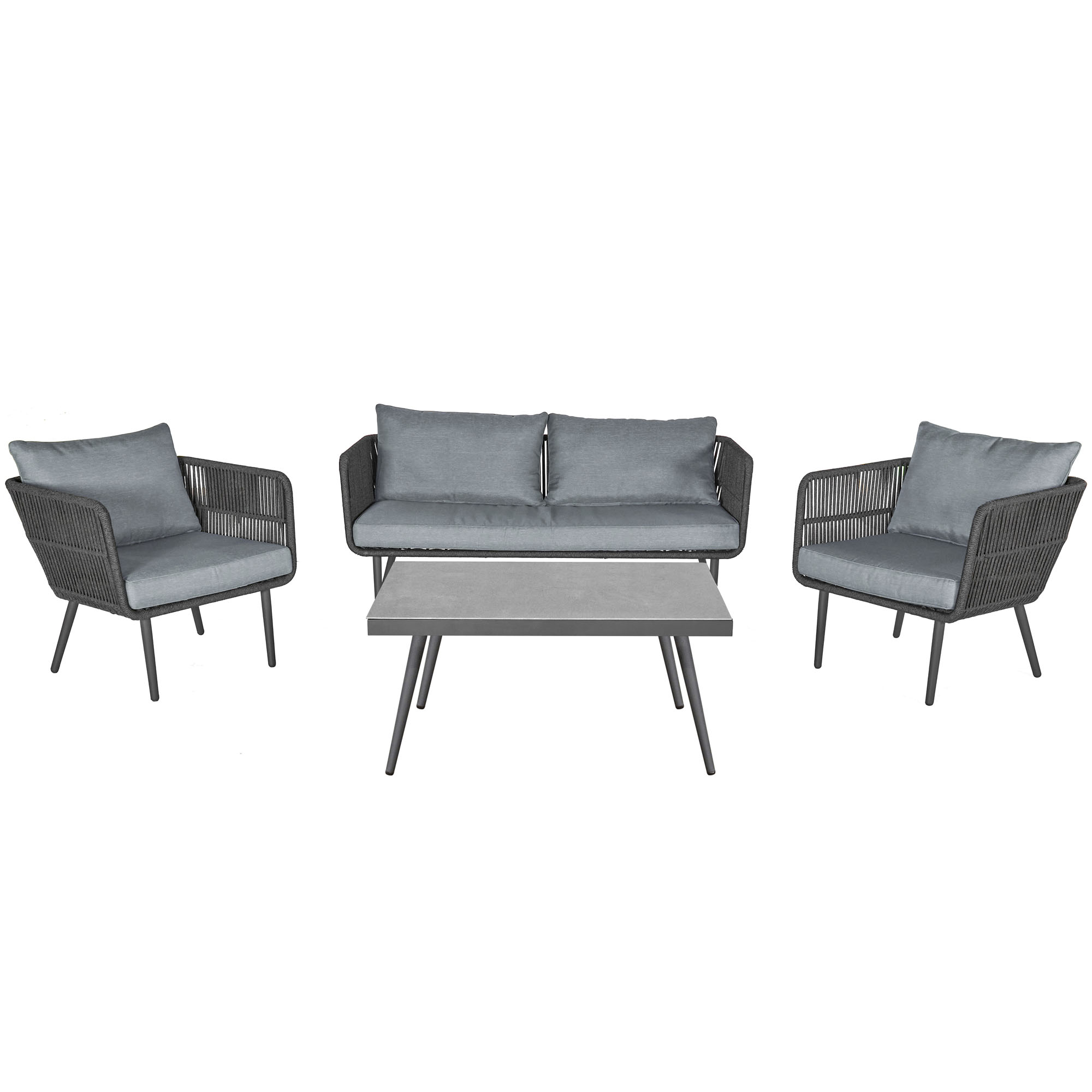 Gartenlounge bestehend aus einem Sofa zwei Sesseln und einem Tisch in gerader Vorderansicht
