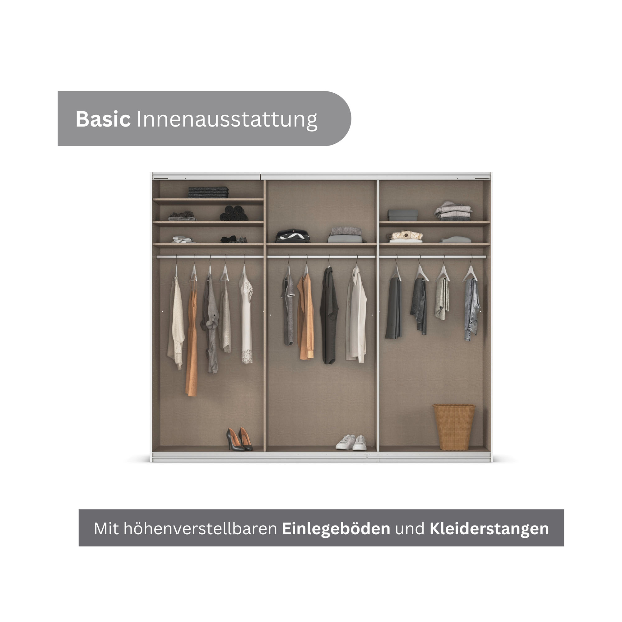 Offener Kleiderschrank mit Kleidung Fächern und Kleiderstangen für optimale Organisation