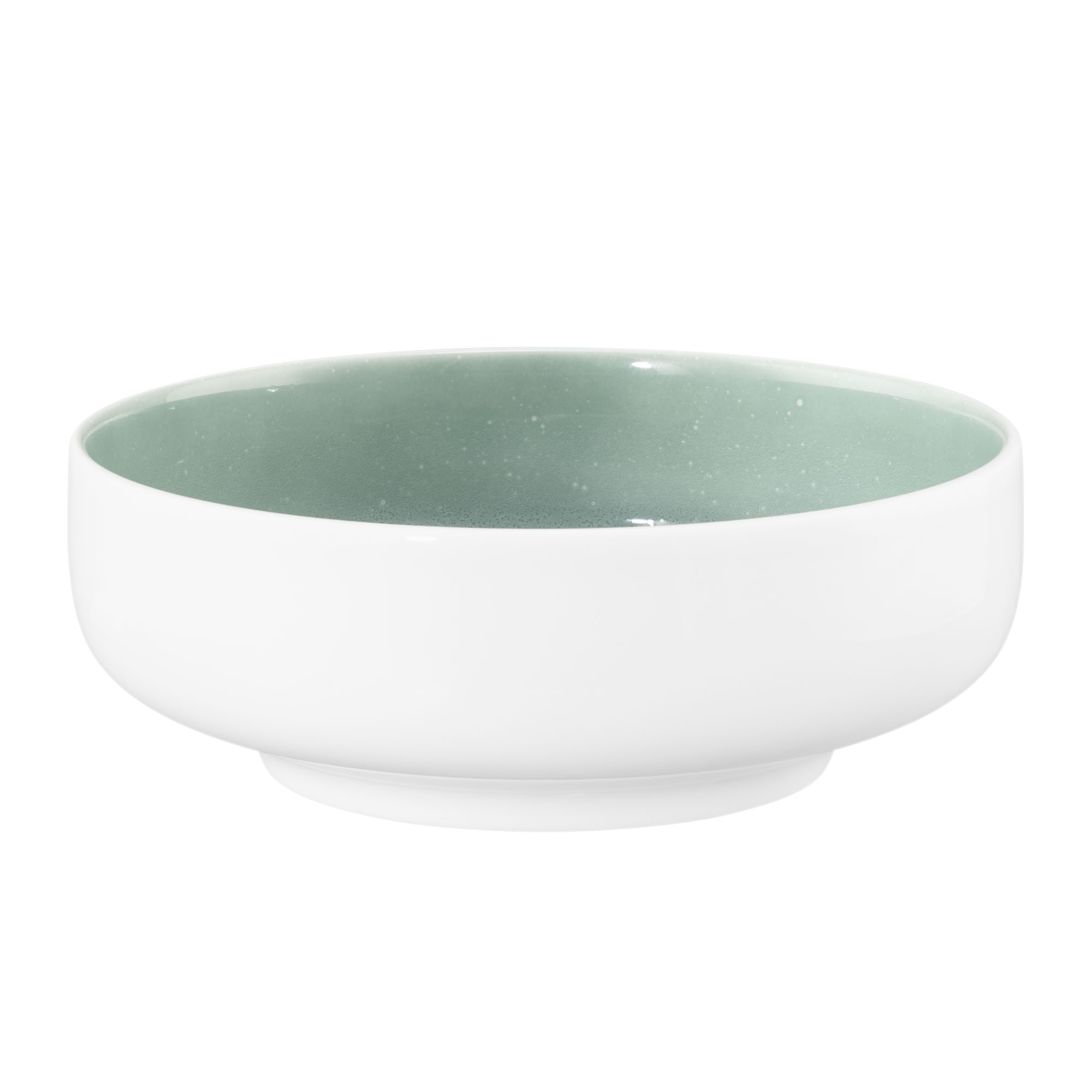Schale in Weiß und Mint; schräge Ansicht von vorn. Sichtbare Gestaltung: flache Form mit weißer Außenseite und mintfarben gesprenkeltem Innenraum.