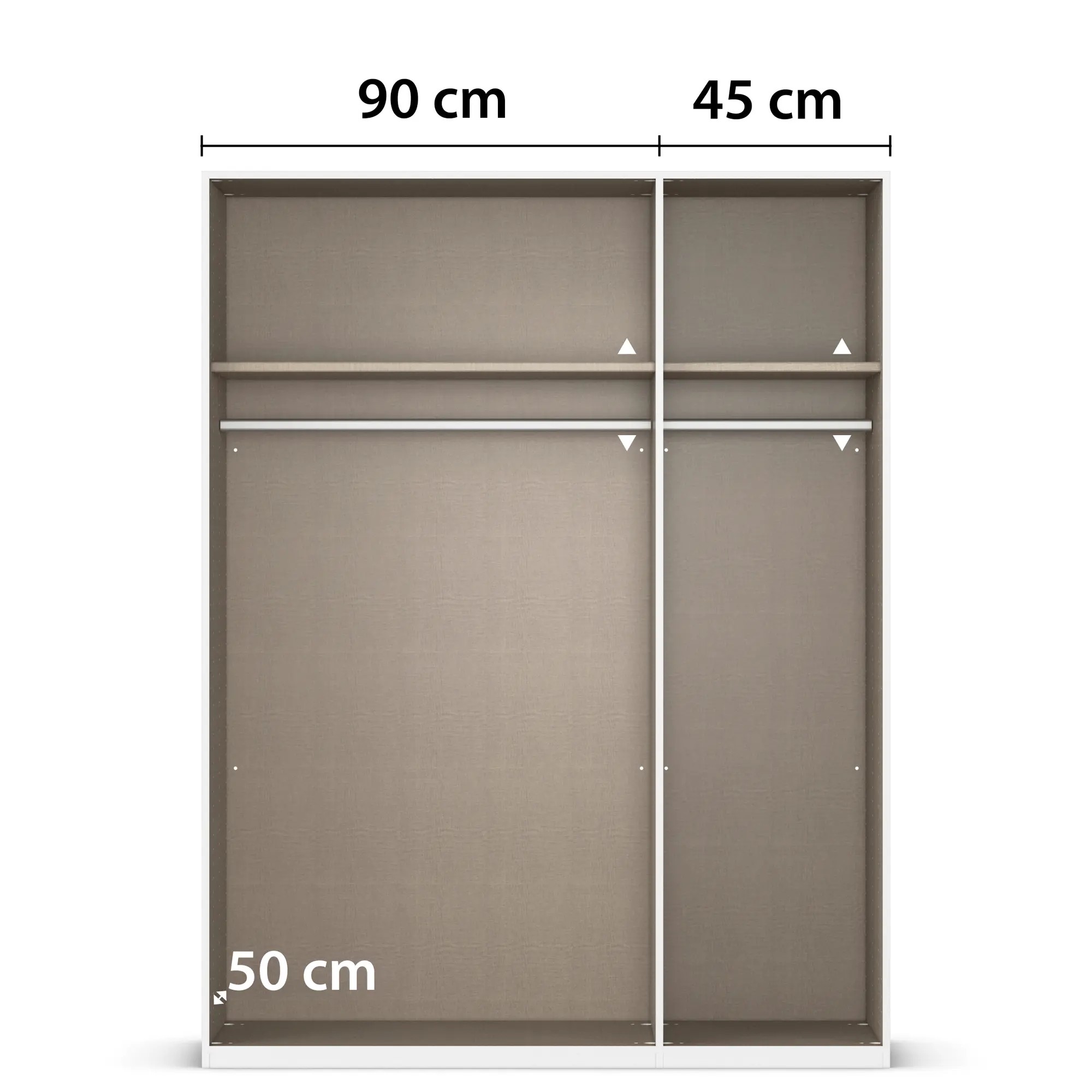 Innenansicht eines 3-türigen Kleiderschranks mit zwei Bereichen, Einlegeböden und Kleiderstangen, Breite 90 cm und 45 cm