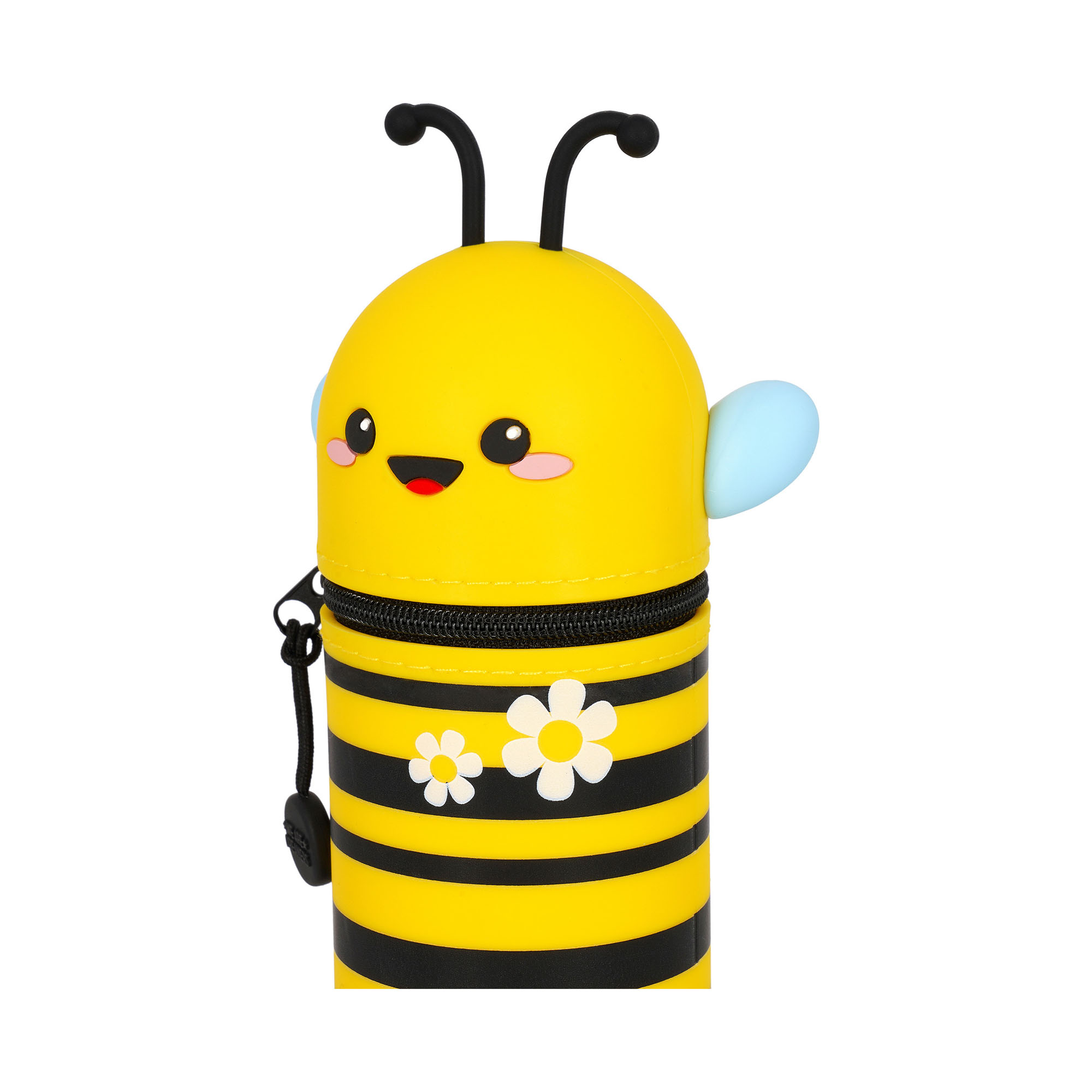 Gelb-schwarzes 2-in-1-Silikon-Federmäppchen im Bienen-Design, geschlossen in Nahansicht mit Bienengesicht und Flügeln gezeigt.
