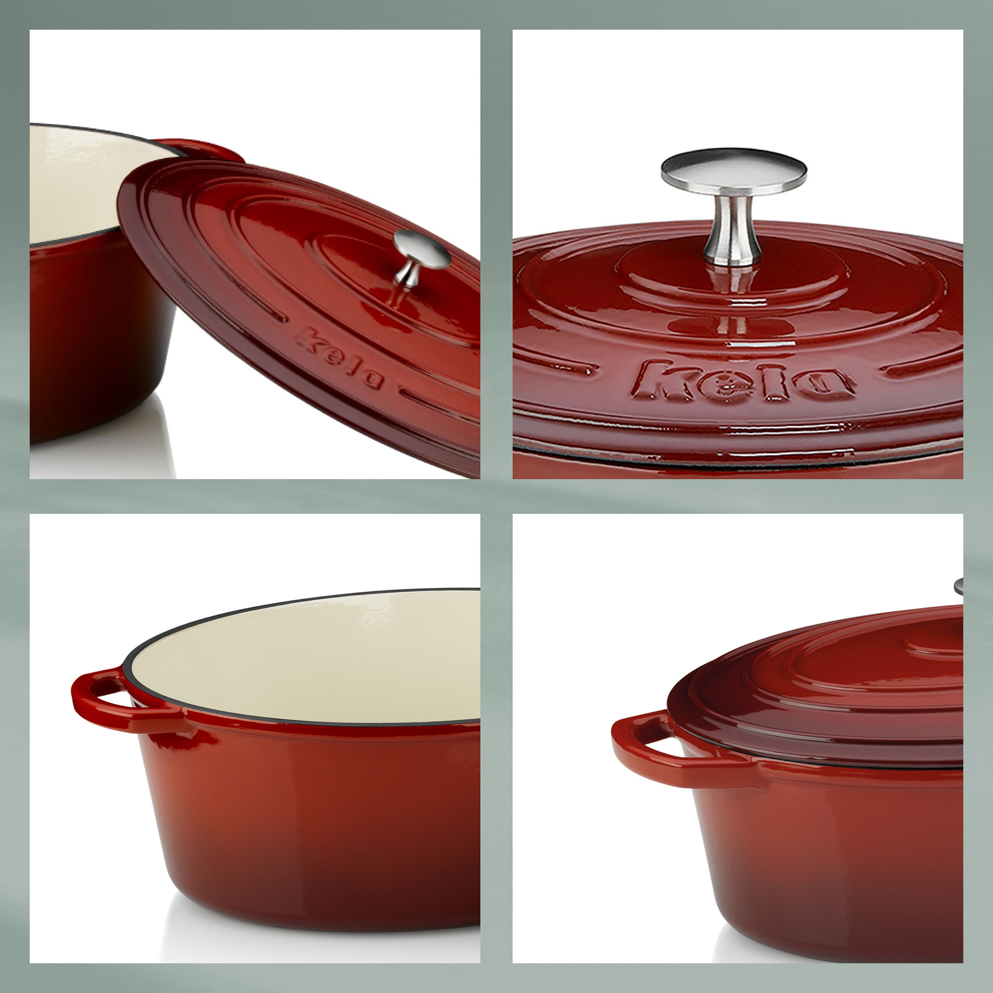 Vier Nahaufnahmen zeigen den Deckelgriff den eingeprägten Schriftzug die helle Innenfläche und die seitlichen Griffe des Bräters