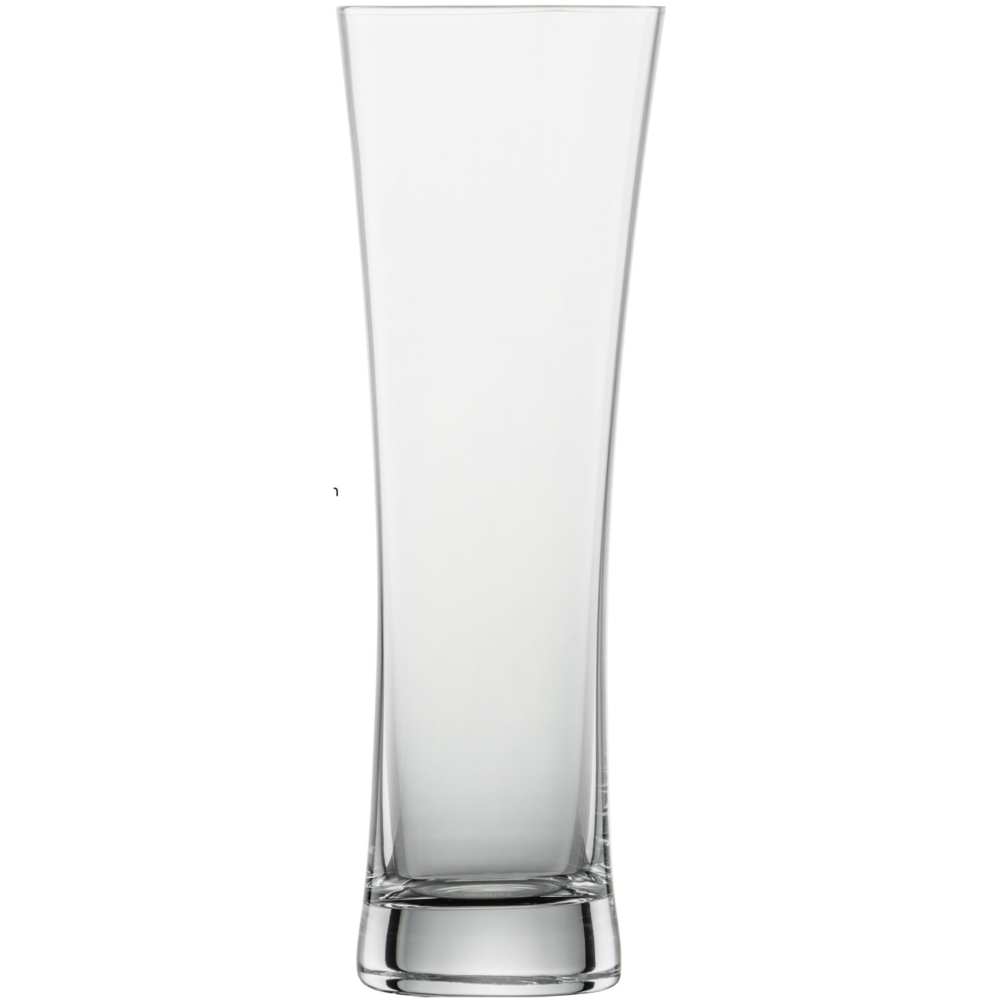 Freigestelltes leeres schlankes Beer-Basic-Weizenbierglas, frontal mit langem Glaskörper und sichtbarem Boden.