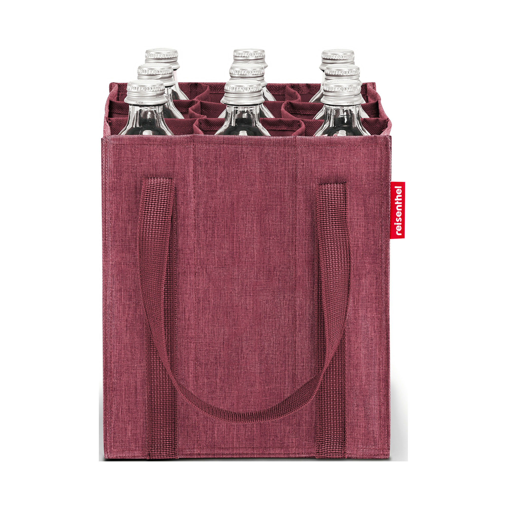 Flaschentasche von Reisenthel, Modell Bottlebag, in Bordeauxrot mit melierter Struktur, frontal mit mehreren eingesetzten Getränkeflaschen.