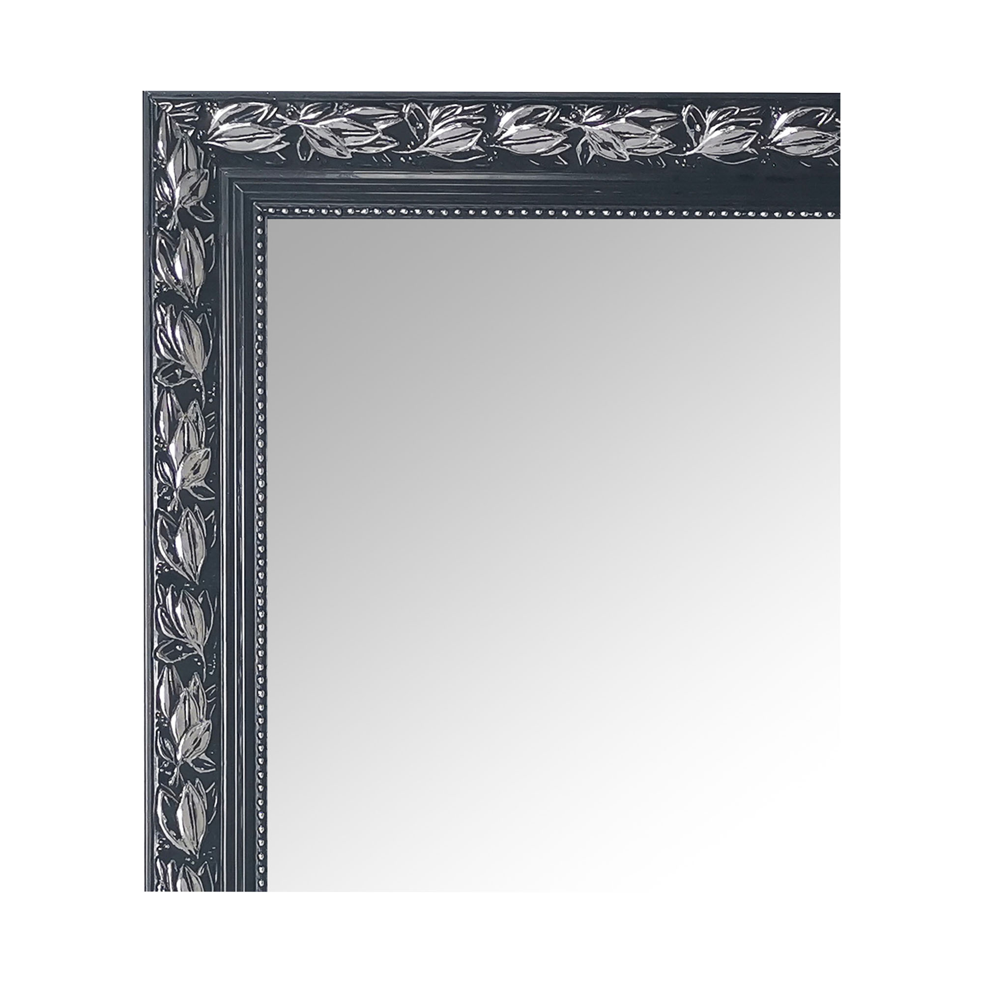 Spiegel Sonja in Schwarz-Silber, als Nahaufnahme von Rahmen und Spiegelkante; Maße ca. 55 x 70 x 3,5 cm.