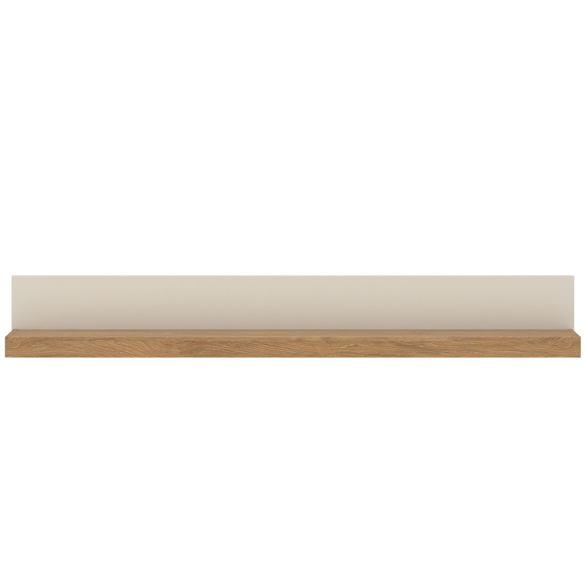 Großzügiges Wandboard mit Ablagefläche in Eiche und weißer Rückwand für Wohnaccessoires, Bilderrahmen und Bücher