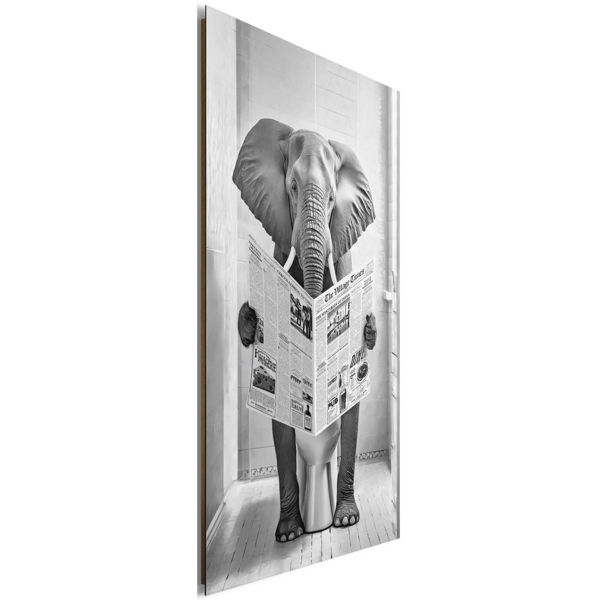 Seitliche Schrägansicht des Wandbilds „Elephant Toilet“, 60 × 90 cm; Profil, Kante und Tiefe des Bildes sind erkennbar.