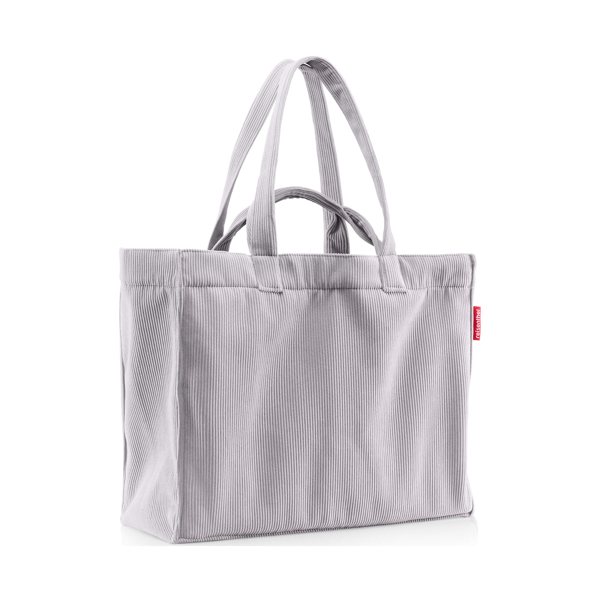Graue Reisenthel Shopper Tasche aus weichem Cordstoff mit langen und kurzen Tragegriffen auf hellem Hintergrund