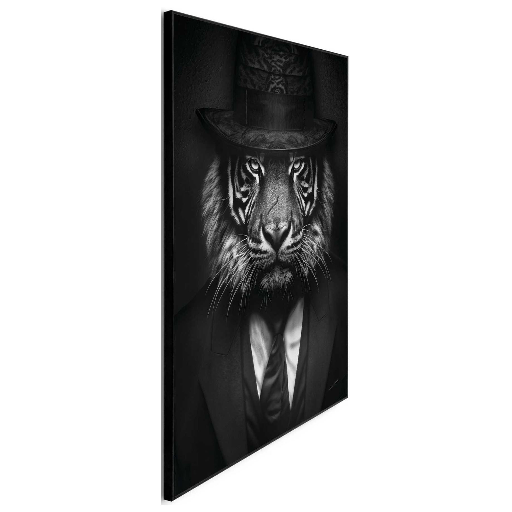 Seitliche Schrägansicht des Wandbilds „Tiger Lord“, 50 × 70 cm; Profil, Kante und Tiefe des Bildes sind erkennbar.