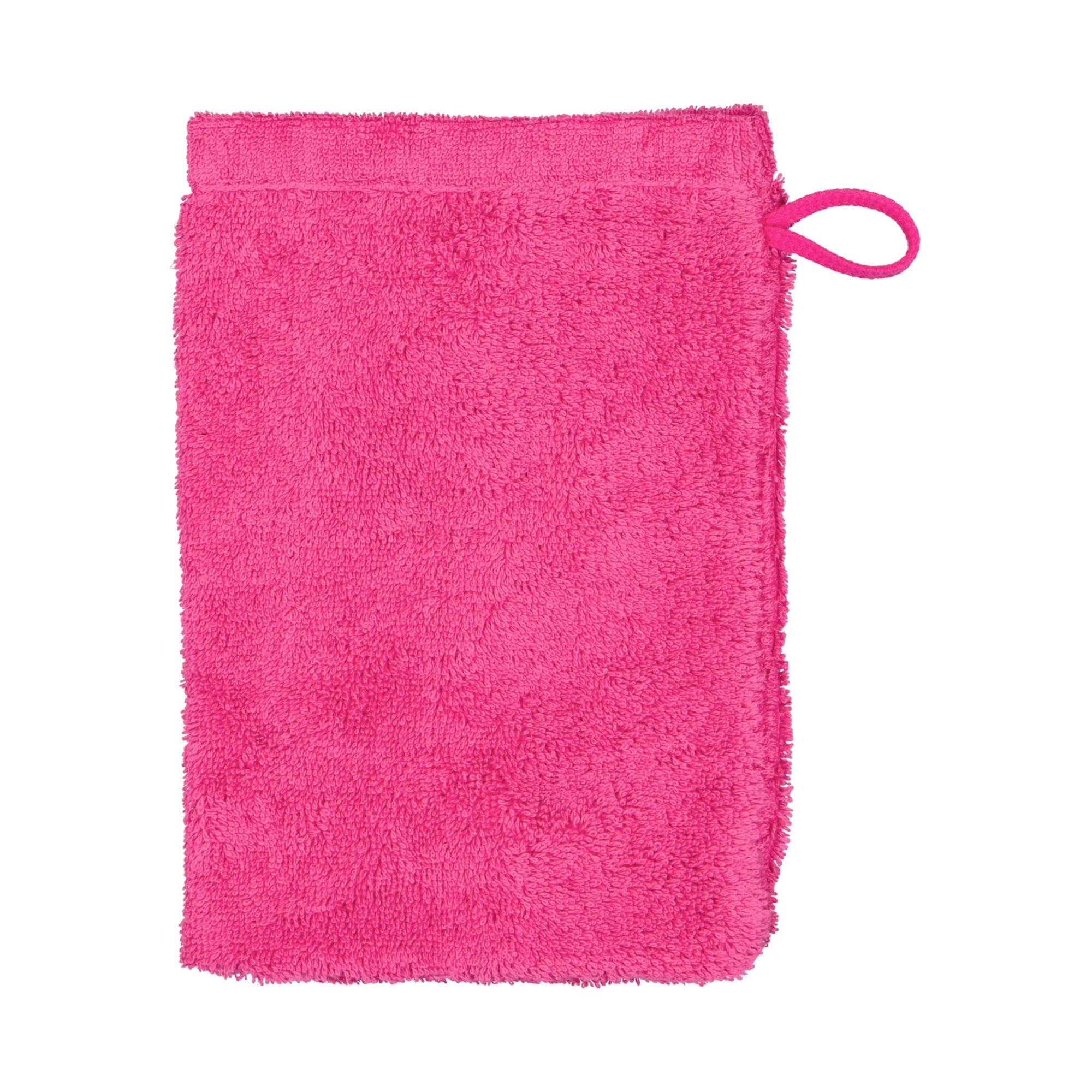 Waschhandschuh in der Farbe Pink, frontal auf weißem Hintergrund mit seitlicher Aufhängeschlaufe und gleichmäßiger Frotteeoberfläche.