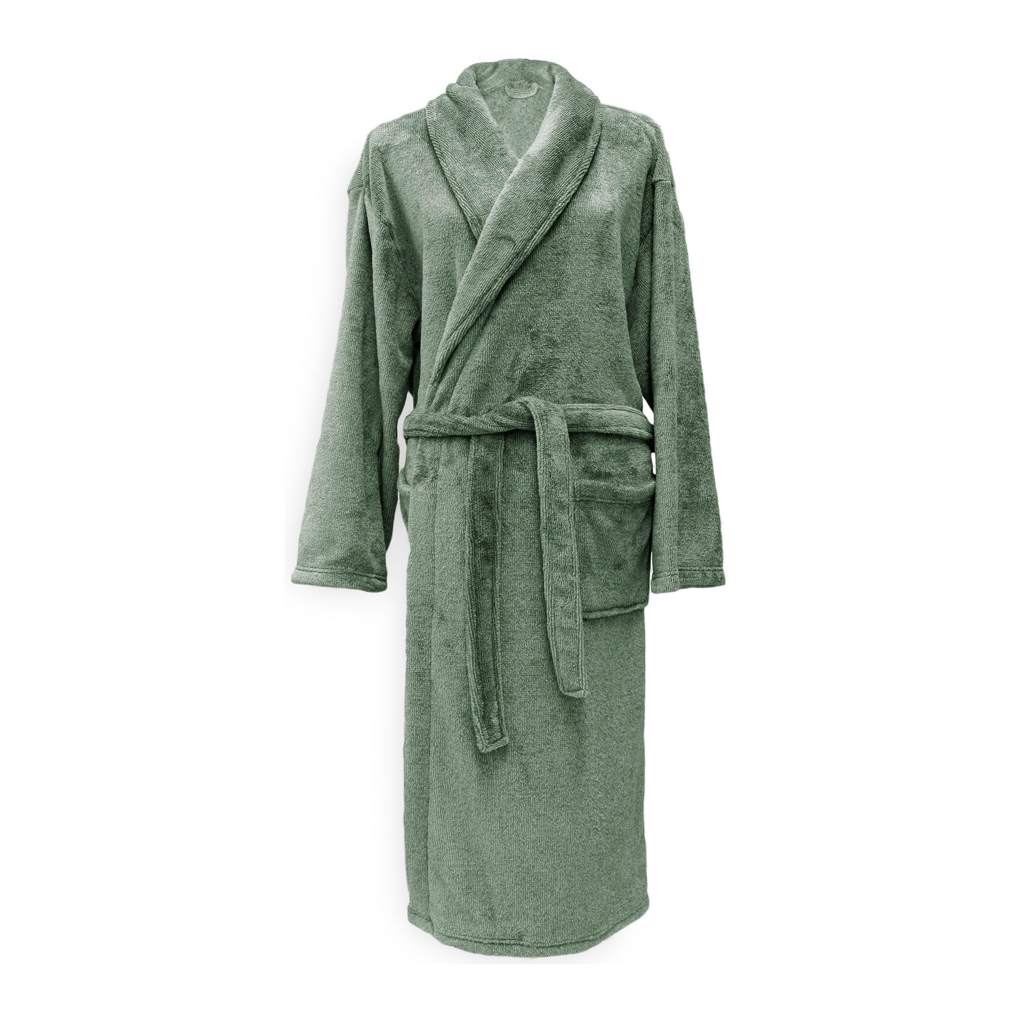 Cara Bademantel in Olive Green, Größe L: langer Bademantel aus einfarbigem, flauschig wirkendem Stoff, mit Schalkragen, Bindegürtel und Taschen in Ganzansicht.