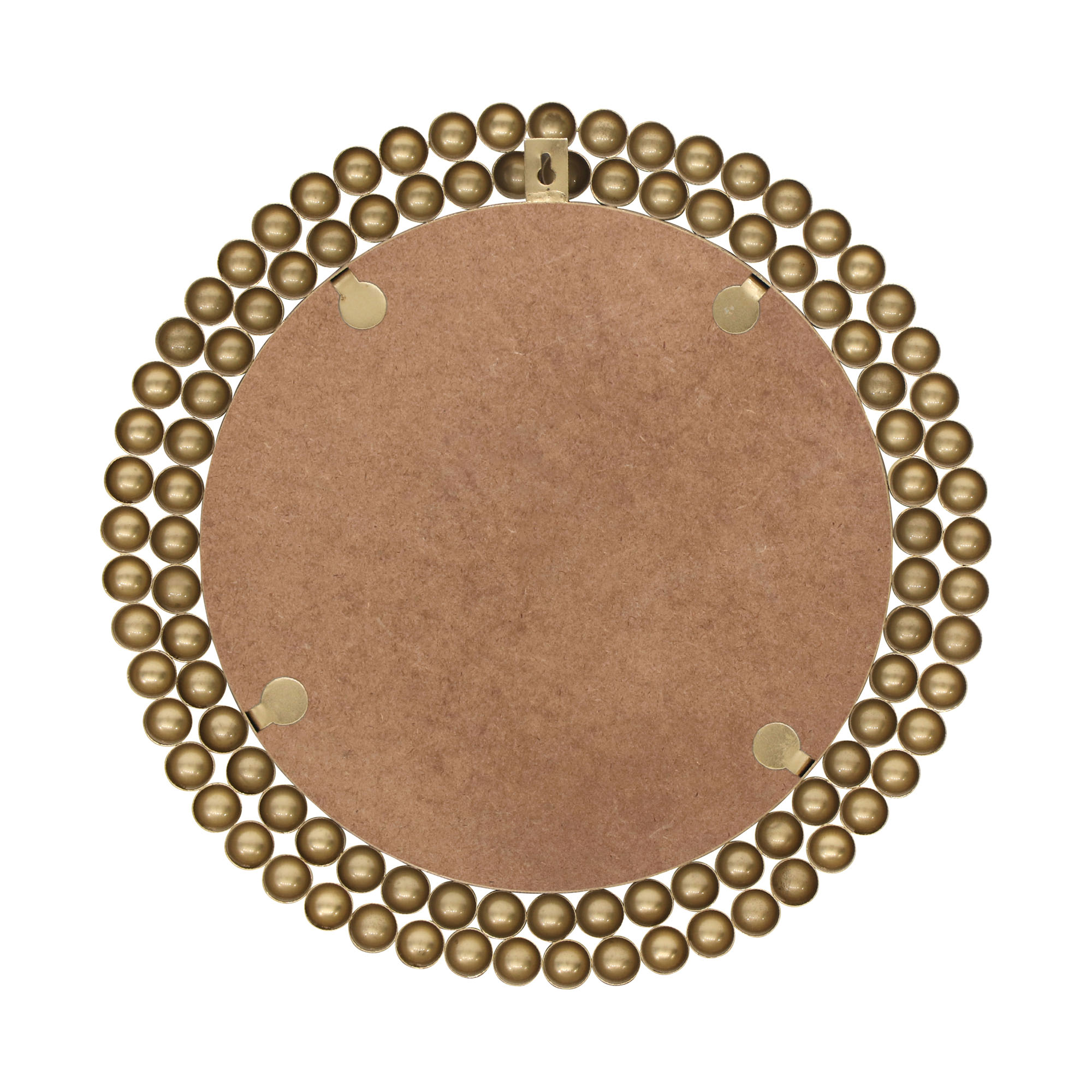 Spiegel Amila in Gold, von der Rückseite mit runder Trägerplatte und umlaufendem Kugelrahmen; Maße ca. 46 x 46 x 2,5 cm.