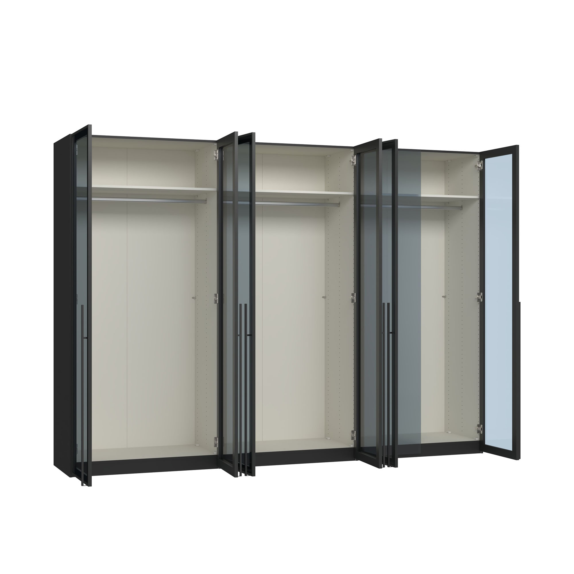 Drehtürenschrank mit geöffneten Glastüren und Innenraum mit mehreren Kleiderstangen