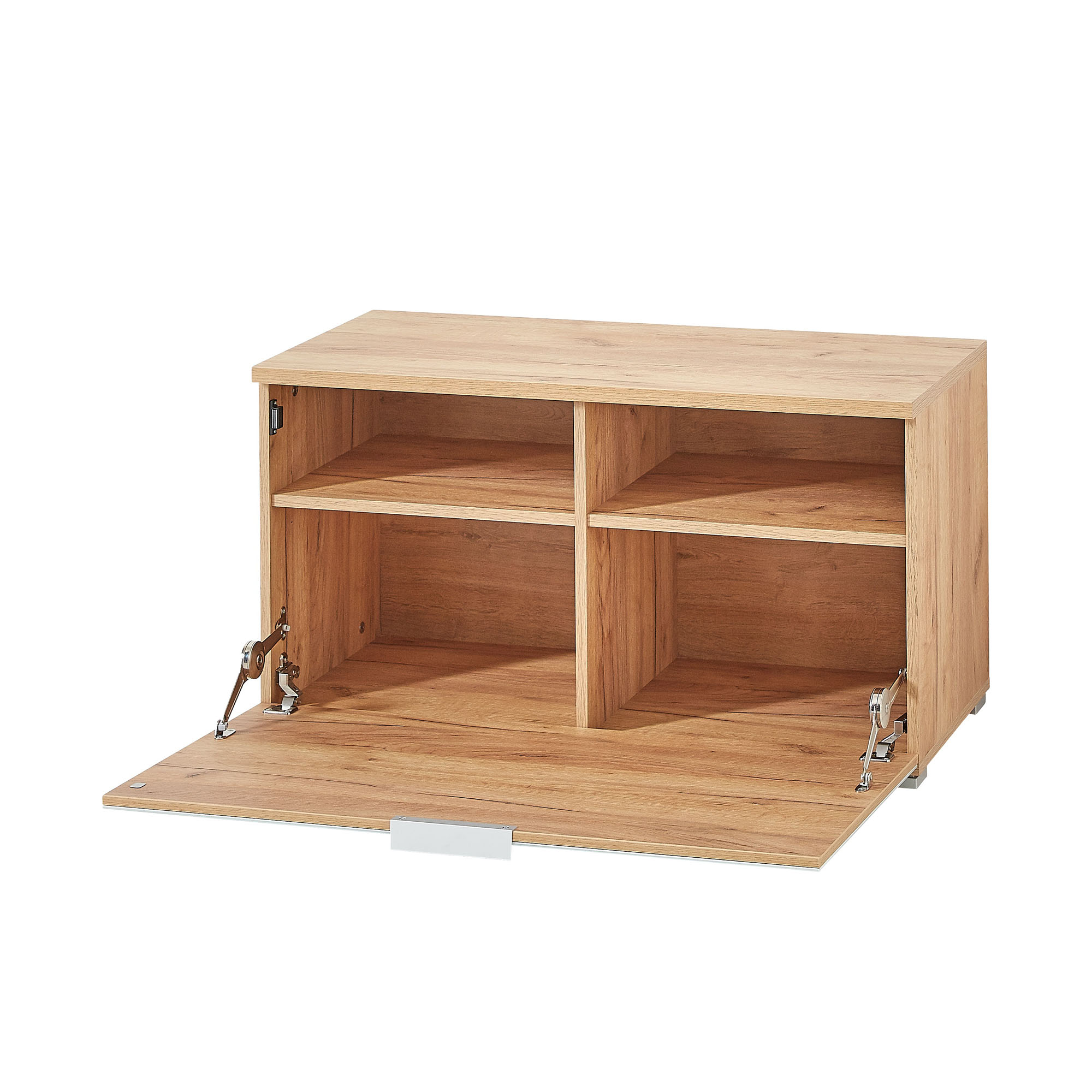 Sitzbank mit geöffneter Klappe und vier Innenfächern aus Holz