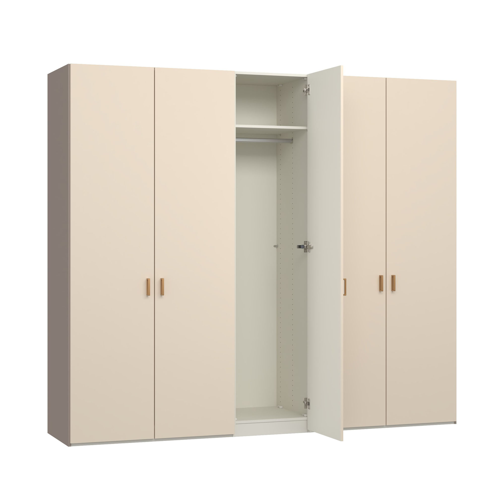 fünftüriger Kleiderschrank mit mittig geöffnetem Schrankteil und Innenansicht