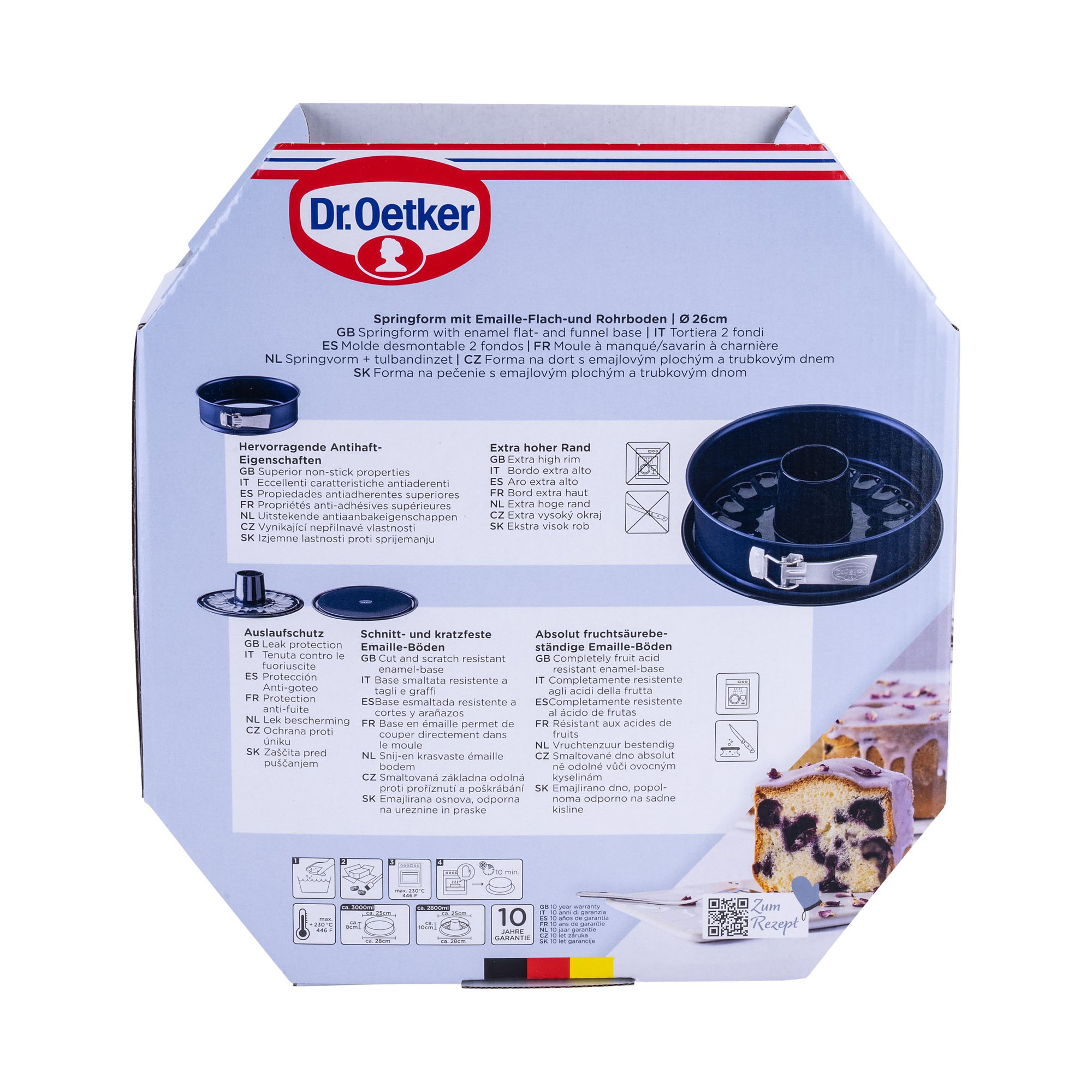 Rückseite der Verpackung zeigt Funktionen der Springform 26 cm mit Rohrboden von Dr Oetker