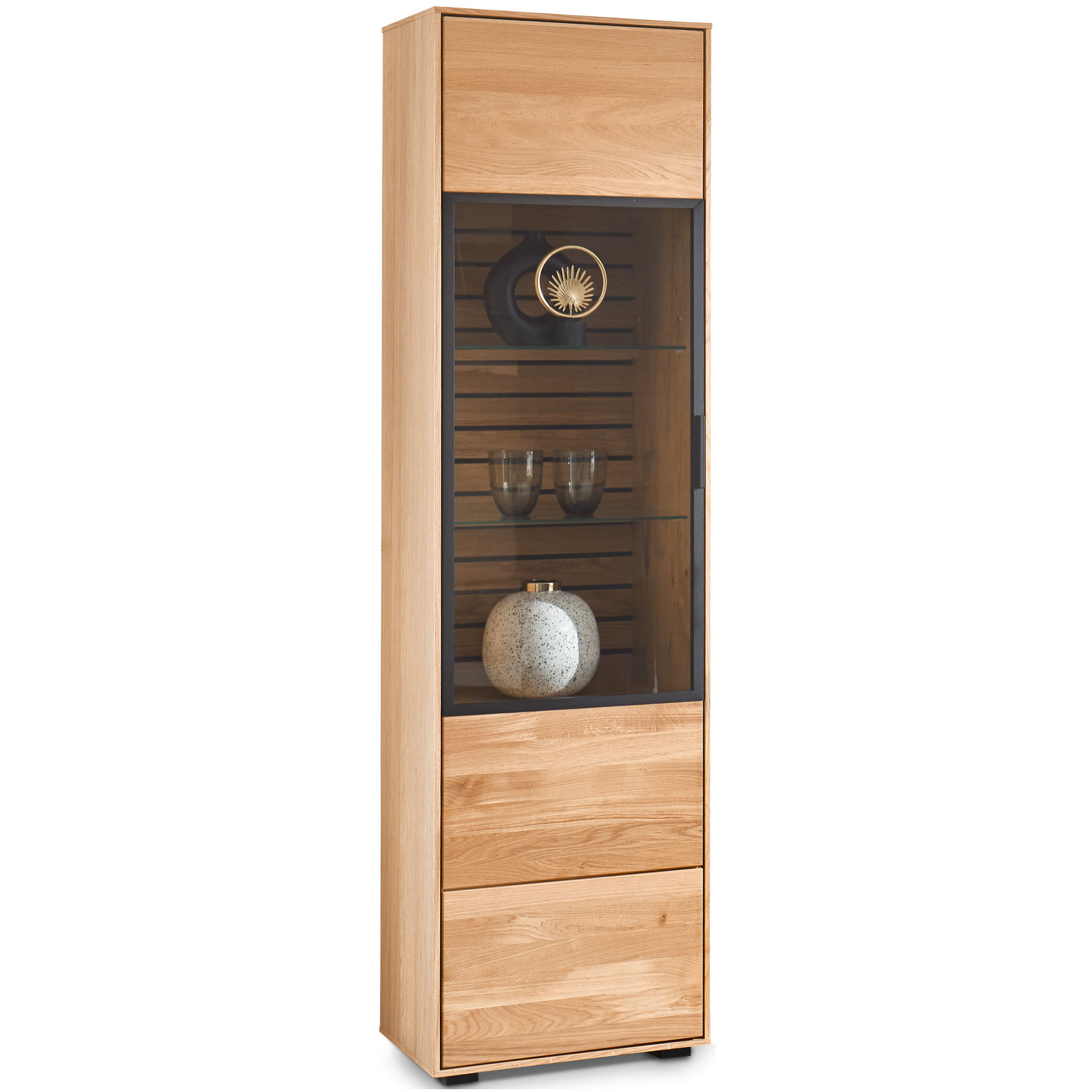 Schmale Vitrine Musterring Set One Jackson mit Glastür und Einlegeböden für dekorative Elemente und Stauraum