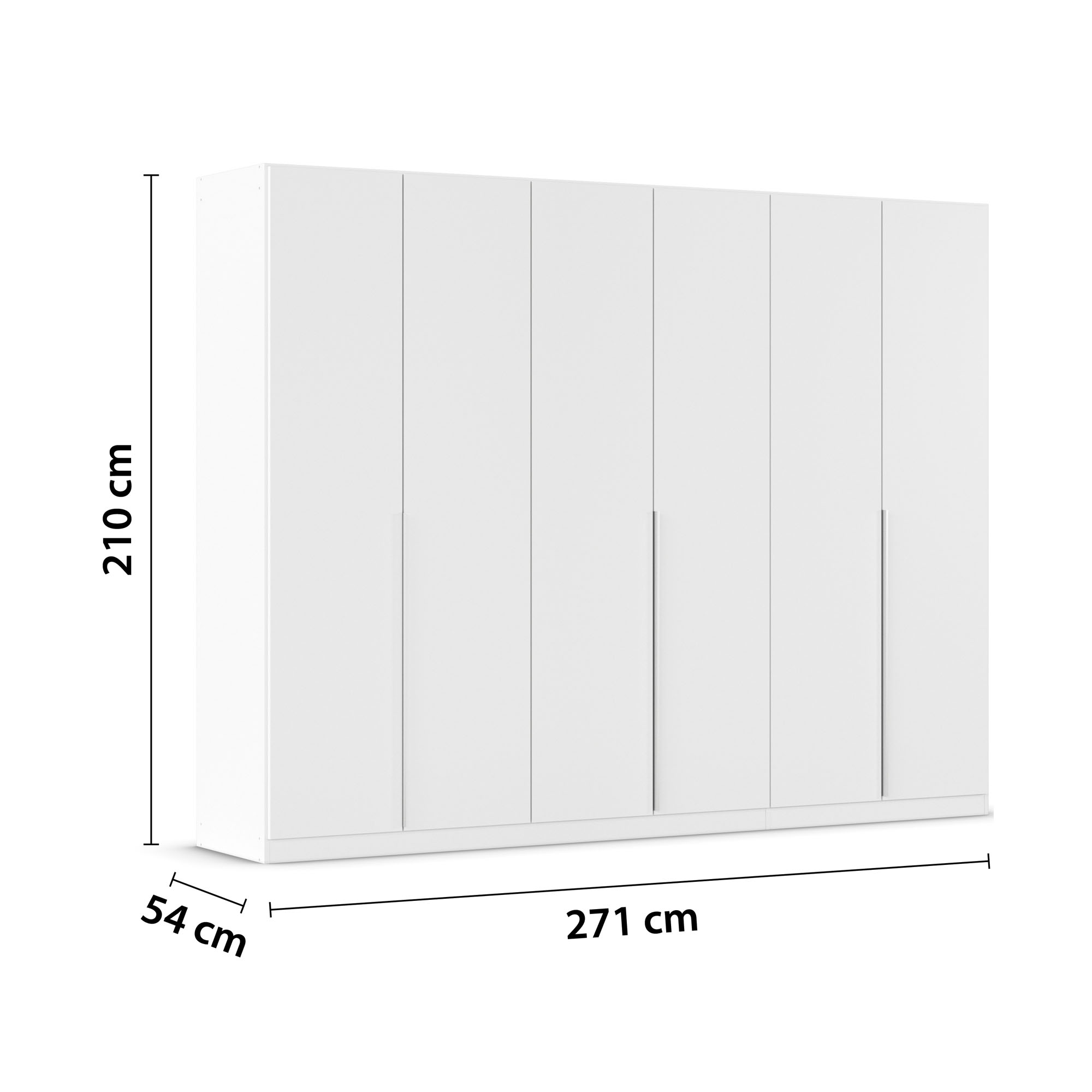 Weißer Kleiderschrank mit Maßangaben 271 cm Breite, 210 cm Höhe und 54 cm Tiefe