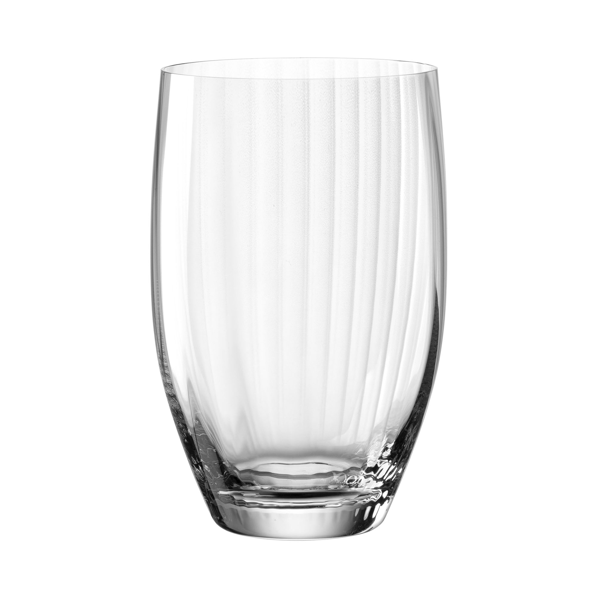 Hohes Trinkglas aus klarem Glas mit vertikaler Linienstruktur und schlanker Form