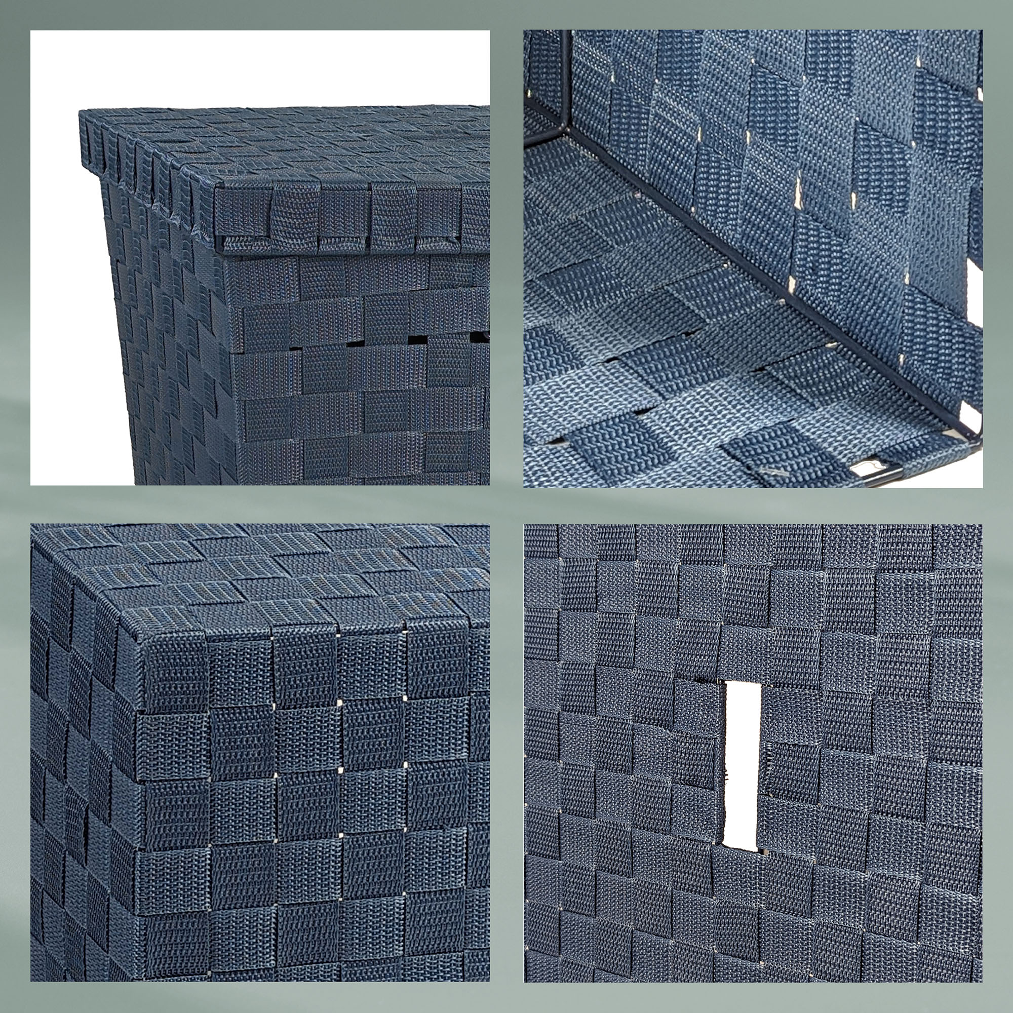 Collage mit Detailansichten von blauer Wäschebox Flechtstruktur Grifföffnung Naht und Materialoberfläche