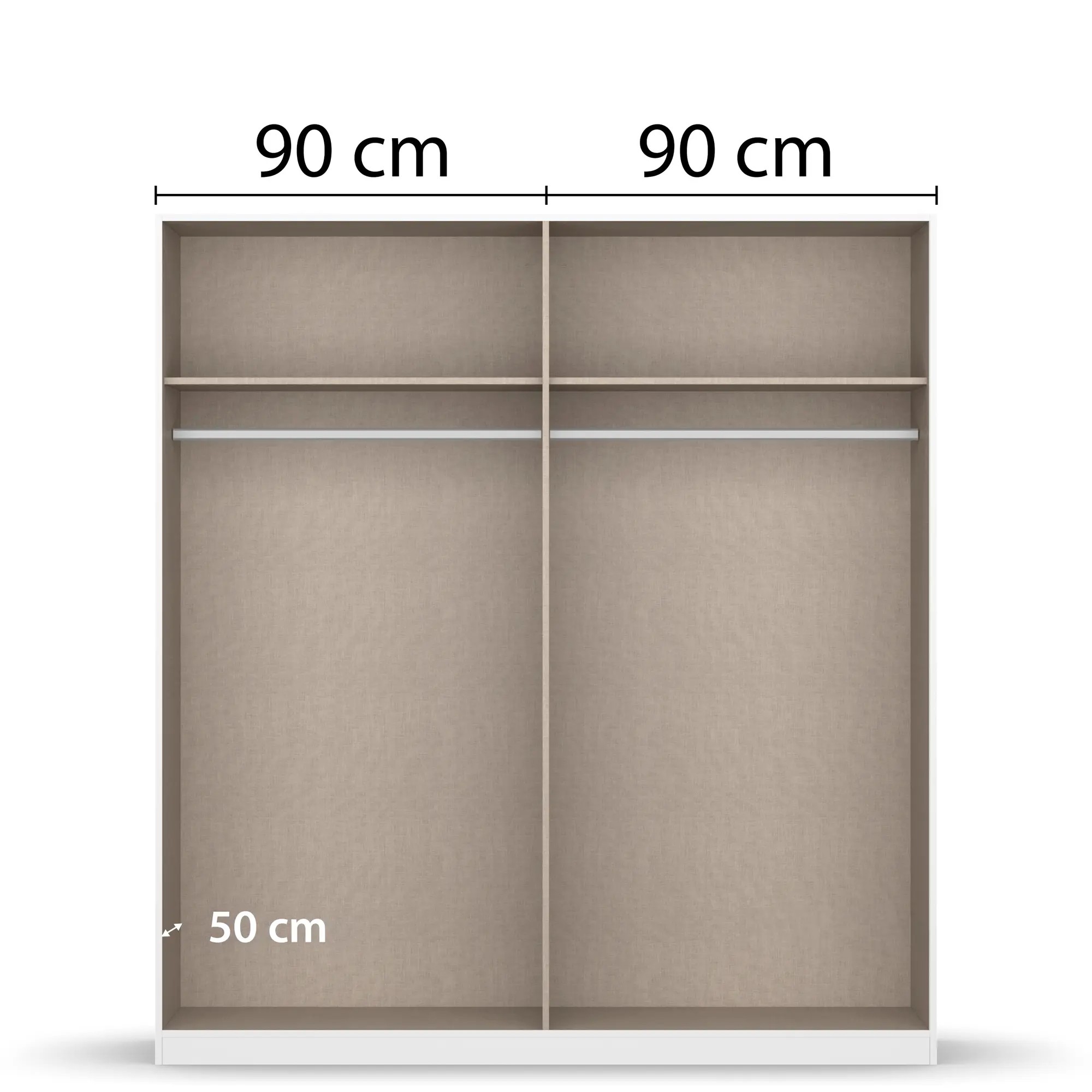 Innenansicht eines 4-türigen Kleiderschranks mit zwei großen Fächern, Kleiderstangen und Einlegeböden, jeweils 90 cm breit