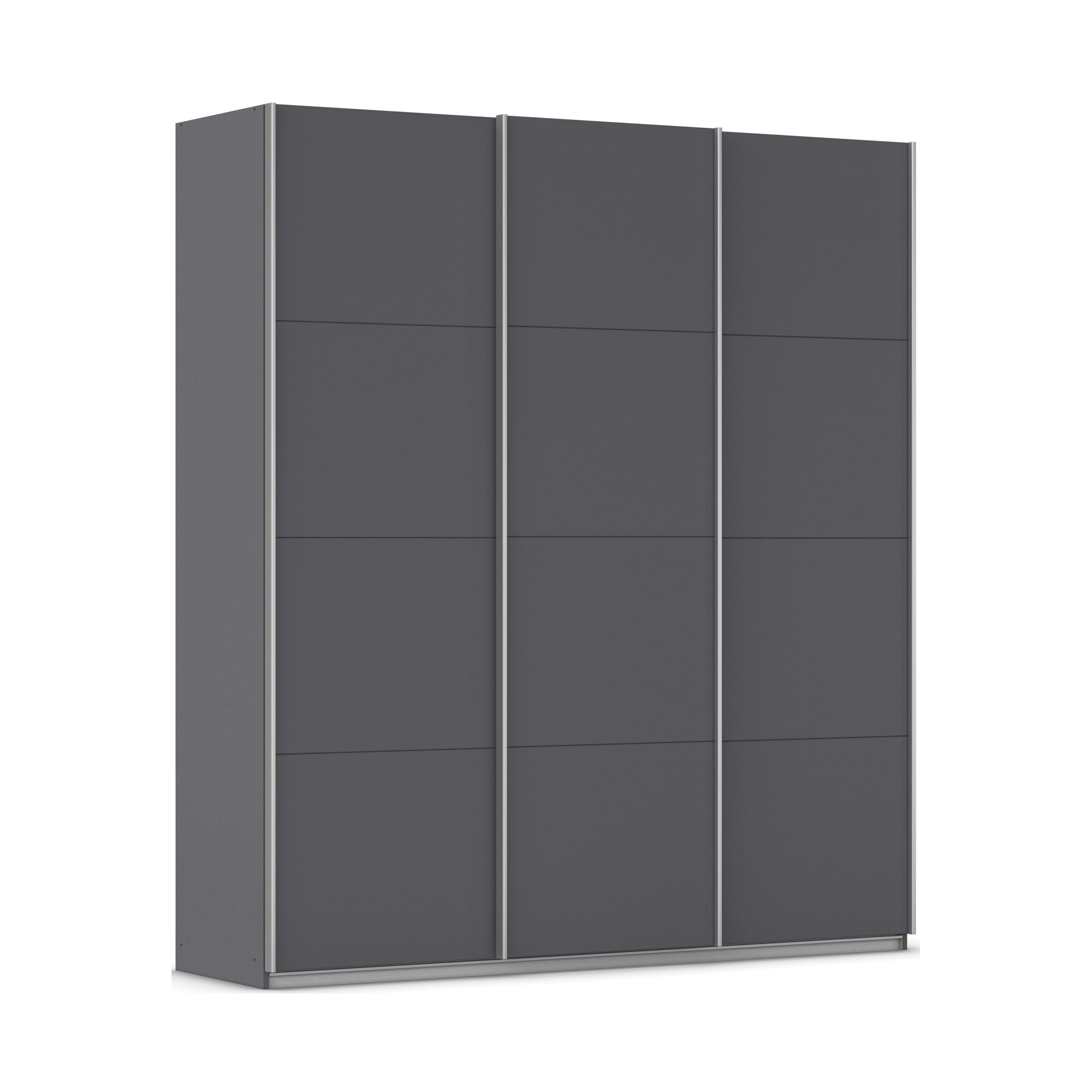 Moderner grau-metallicer Kleiderschrank mit drei Schiebetüren und minimalistischer Front