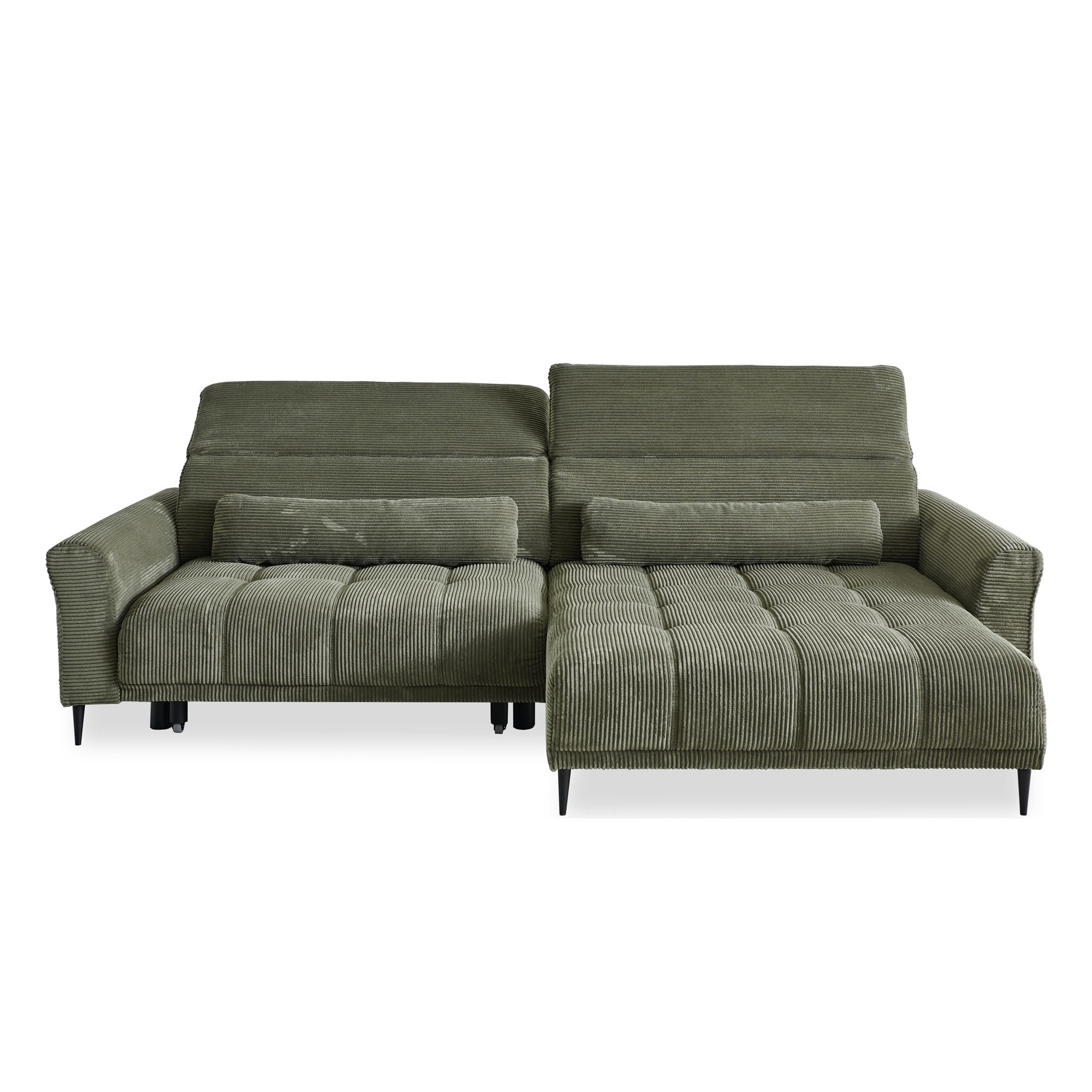 Modernes Ecksofa in grünem Cordstoff mit geradlinigem Design und schwarzen Metallfüßen.