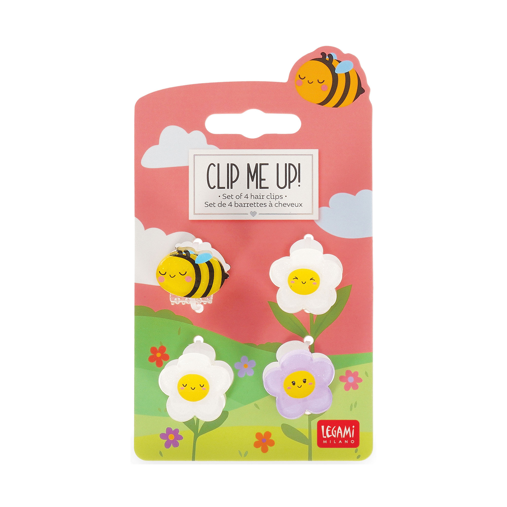 Haarspangen-Set, 4 Stück – Biene von Legami: Vier Haarspangen im Bienen- und Blumenmotiv in rosa Verpackung.
