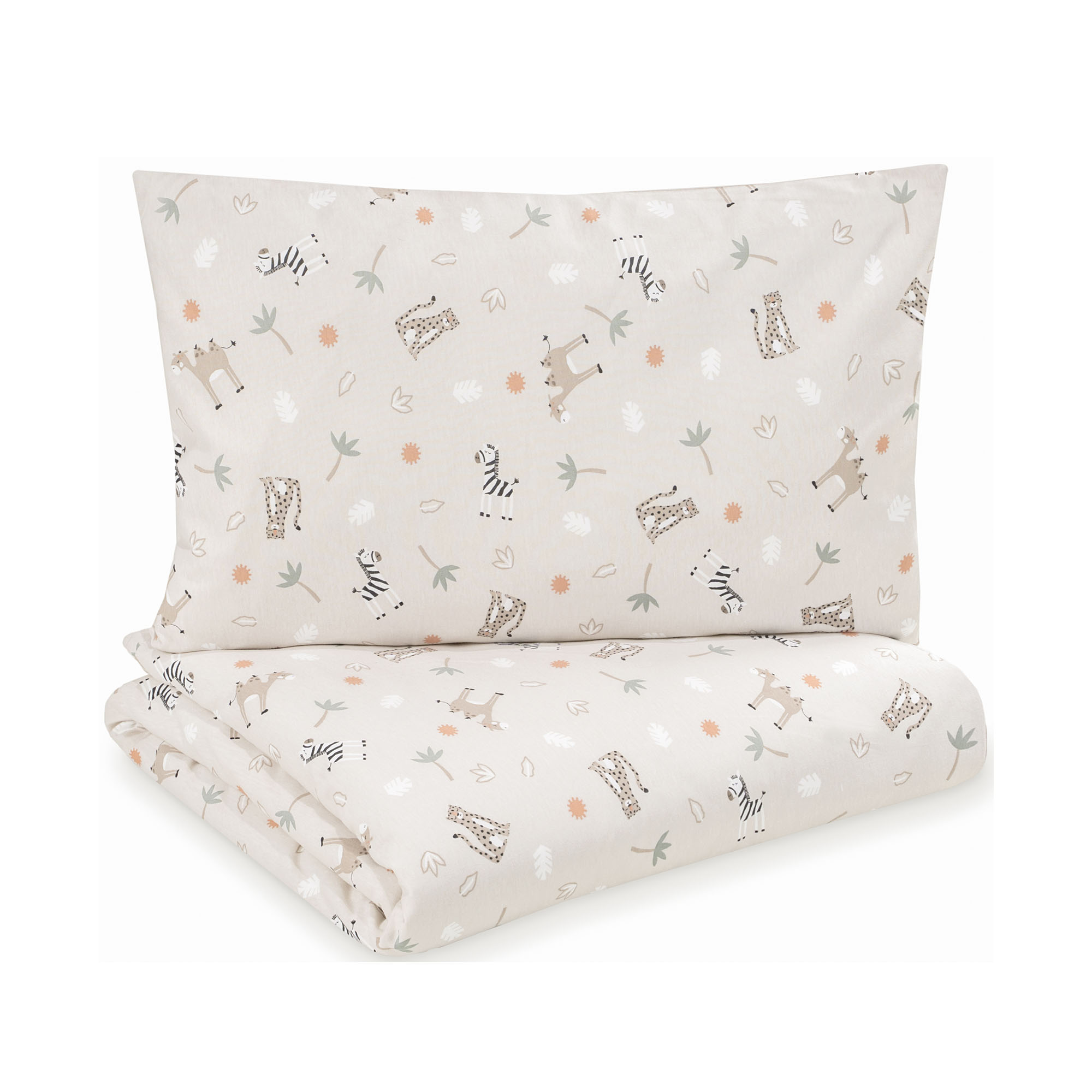 Kinderbettwäsche in Beige mit Kissen und Decke, dekoriert mit Safari-Tieren wie Zebras, Giraffen und Leoparden