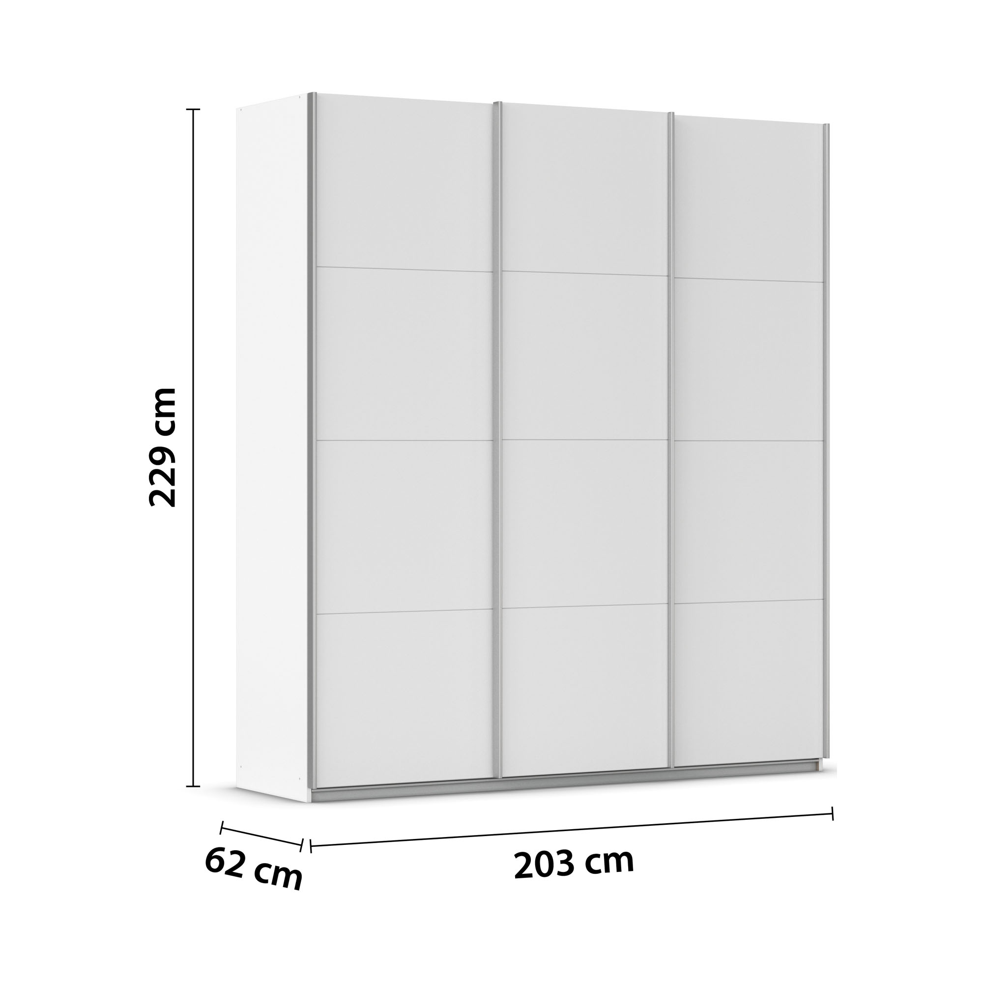 Weißer Kleiderschrank mit eingezeichneten Maßen Höhe 229 cm Breite 203 cm Tiefe 62 cm