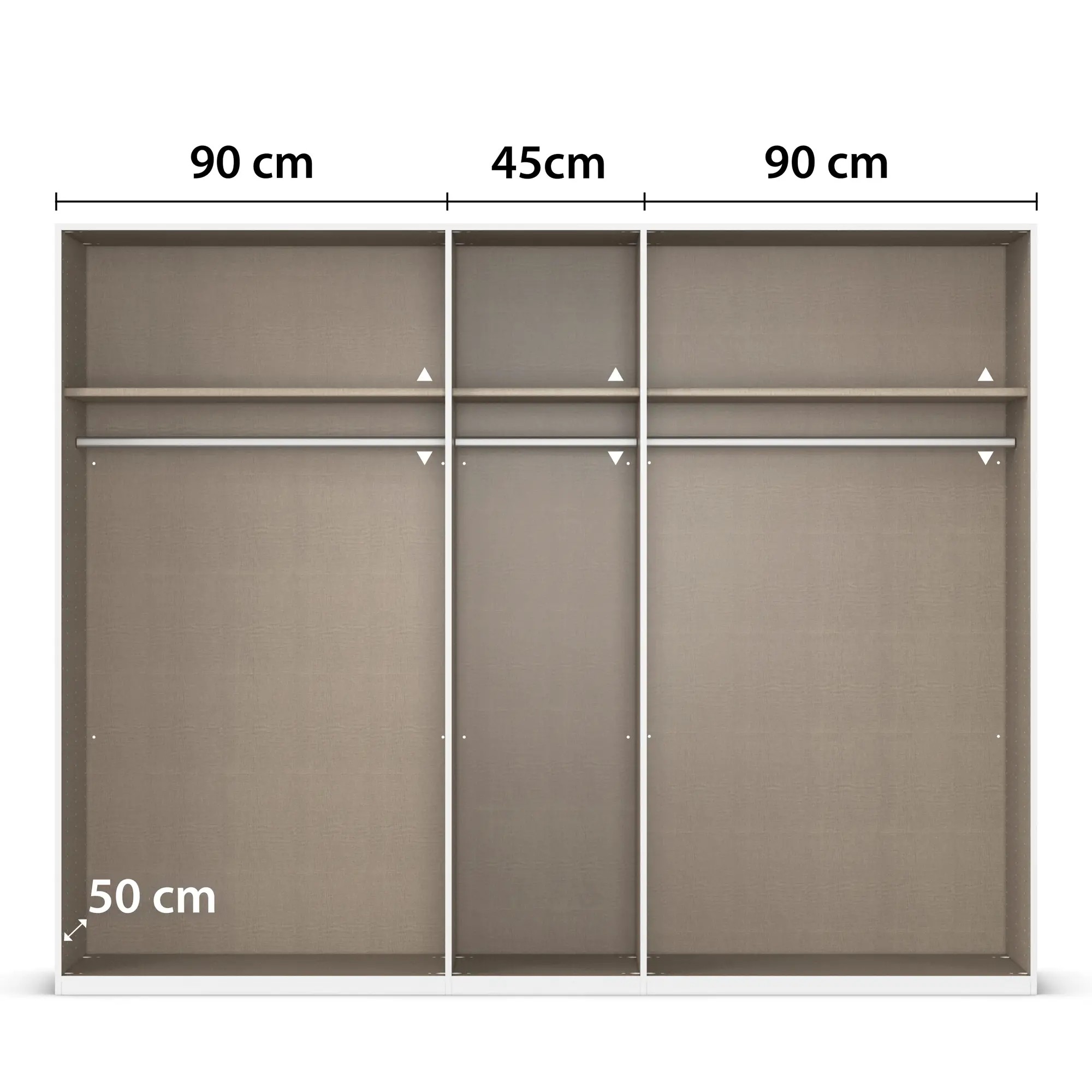 Innenansicht eines 5-türigen Kleiderschranks mit drei Fächern, Einlegeböden und Kleiderstangen, mittleres Fach 45 cm breit