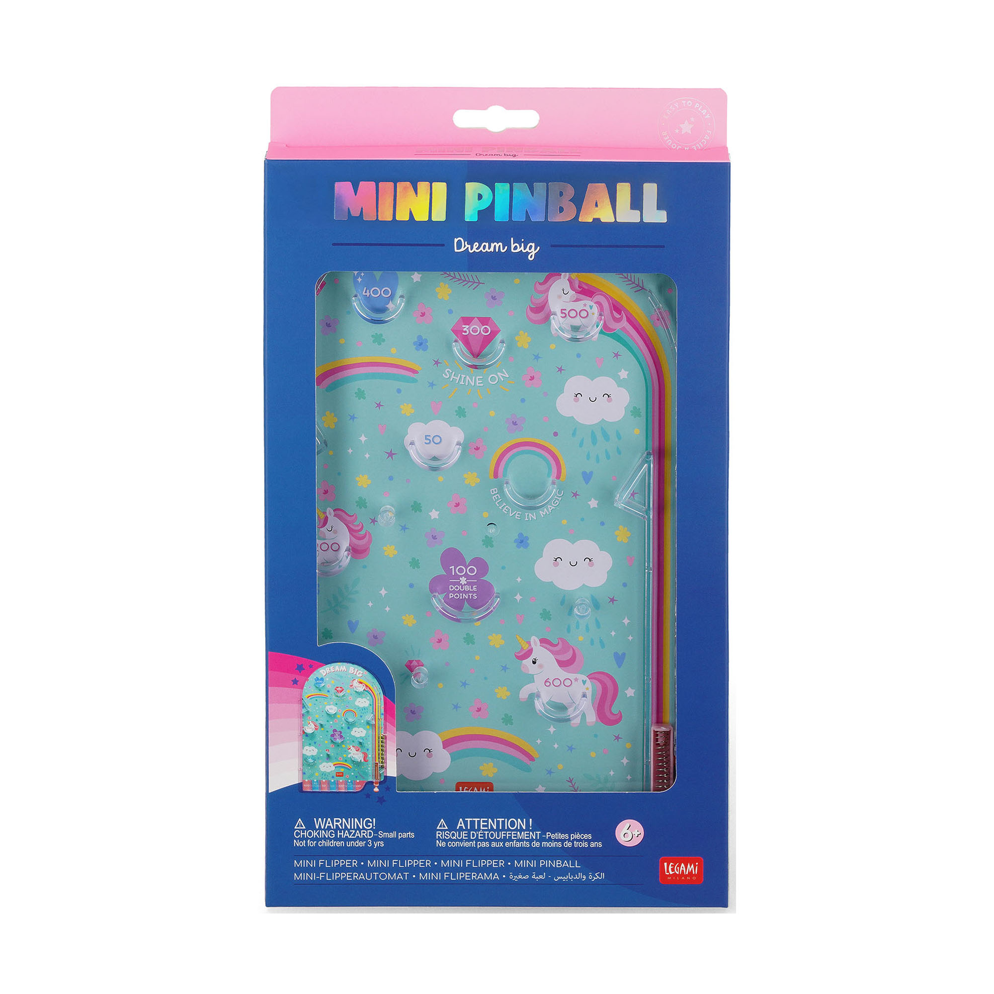 Mini-Flipperspiel im Einhorn-Design, in einer dunkelblauen Kartonverpackung abgebildet.