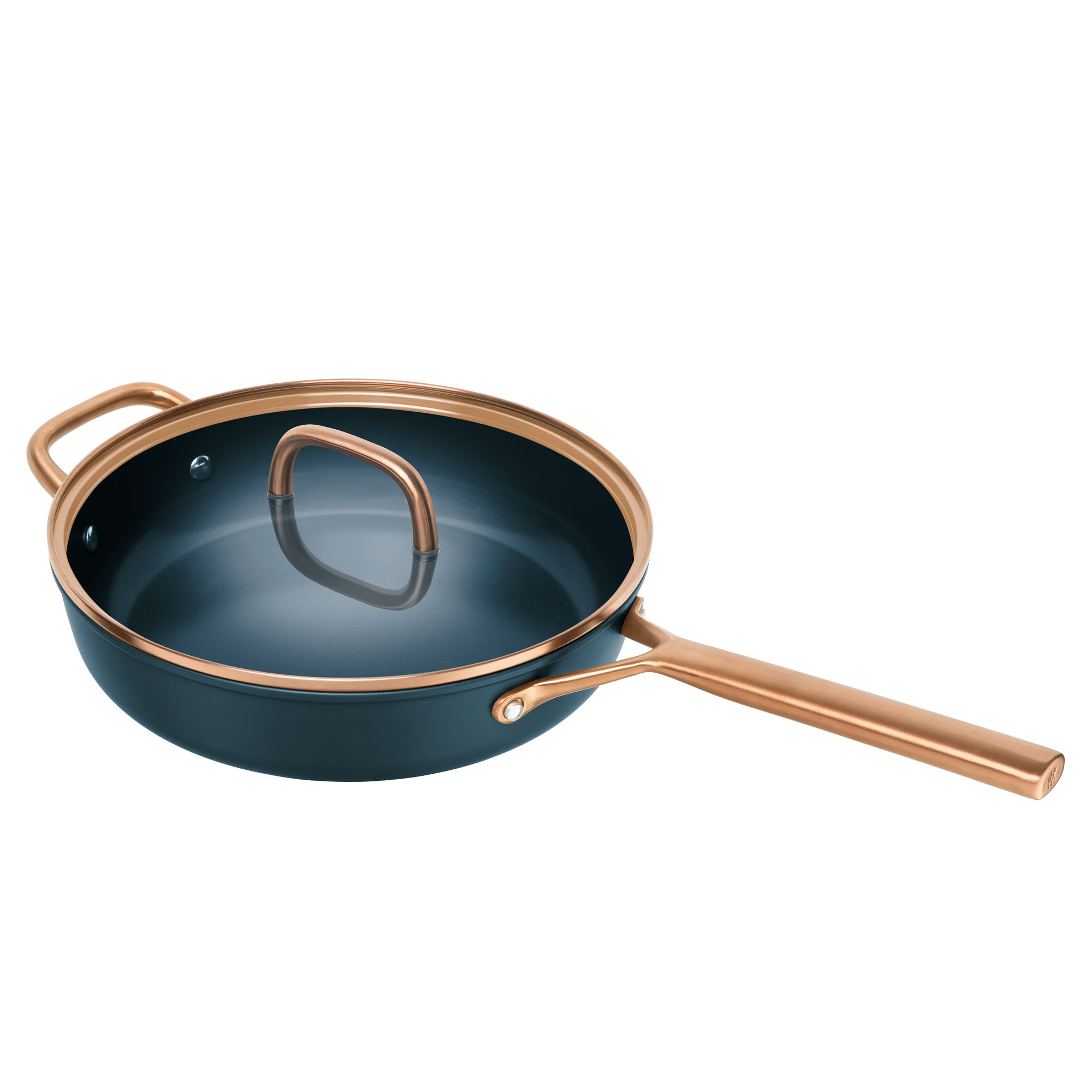Runde Schmorpfanne mit langem Griff und Glasdeckel, Serie Milano von ZWILLING, in Blau, Ø 28 cm, freigestellt auf weißem Hintergrund.