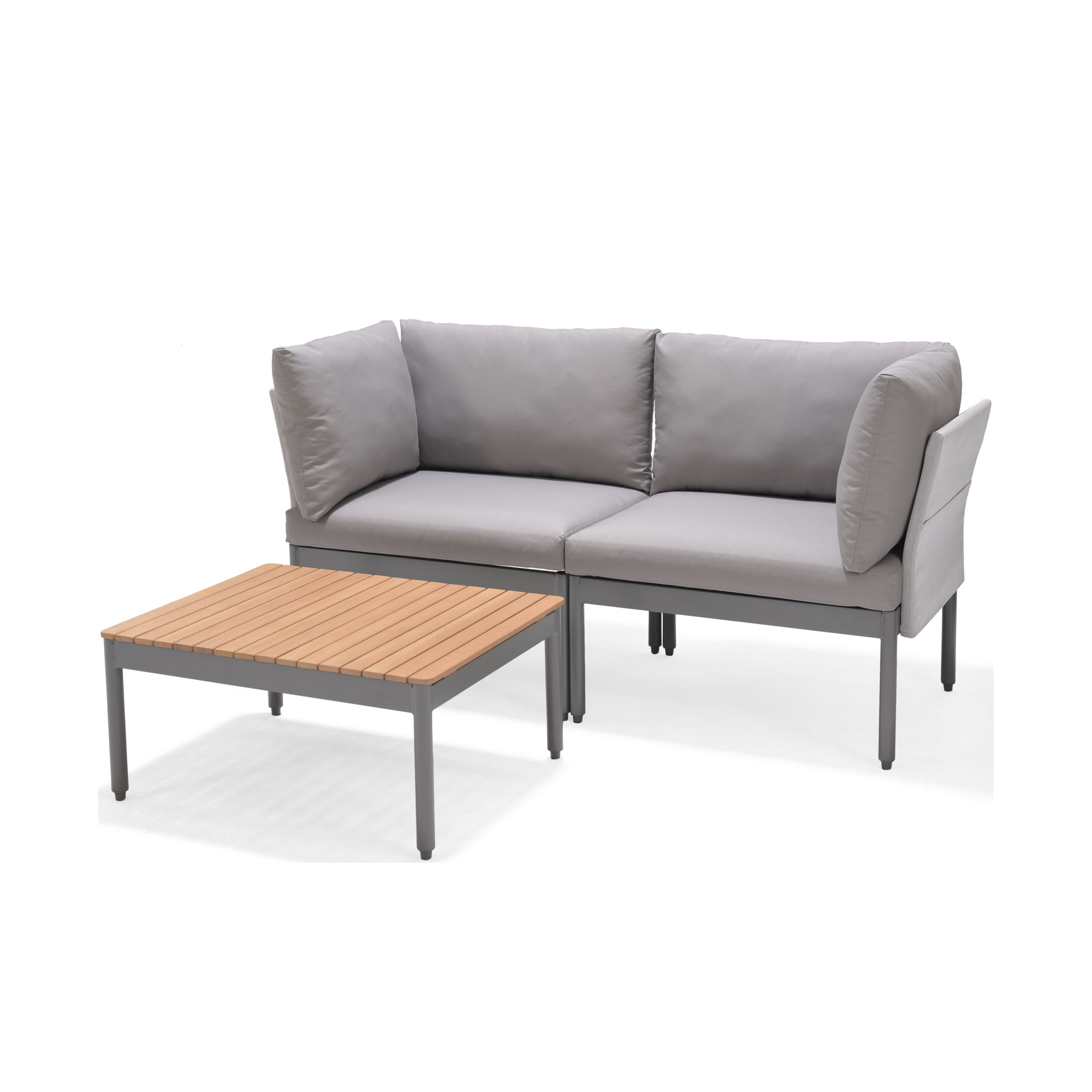 Zwei Loungemodule mit grauen Polstern und einer mittig integrierten Tischplatte aus Teakholz für stilvolle Outdoor-Bereiche.